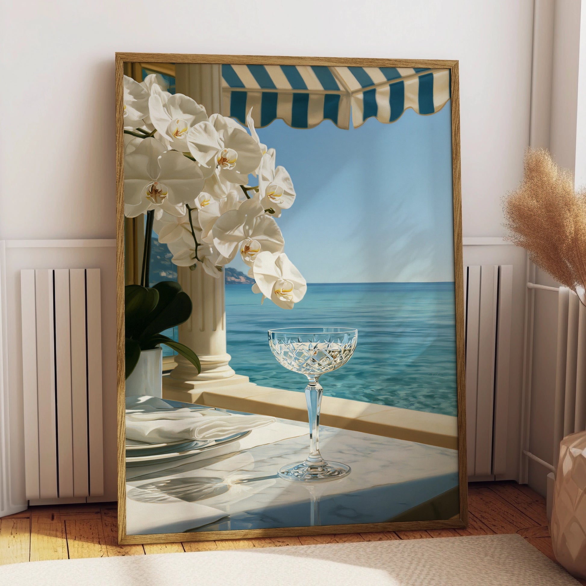 Orchid Beach Terrace Poster, Crystal Glass Ocean View, Coastal Luxury Wall Art
