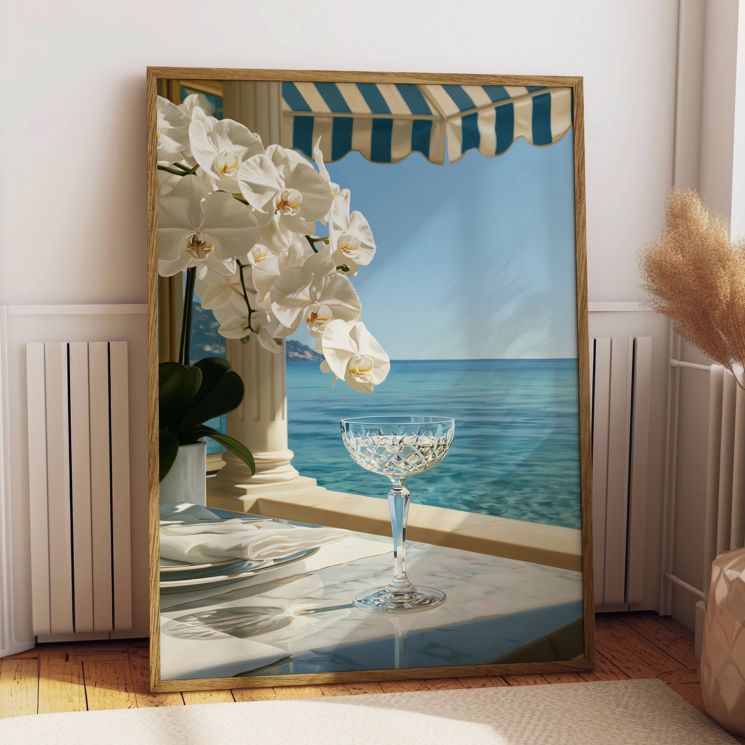 Orchid Beach Terrace Poster, Crystal Glass Ocean View, Coastal Luxury Wall Art