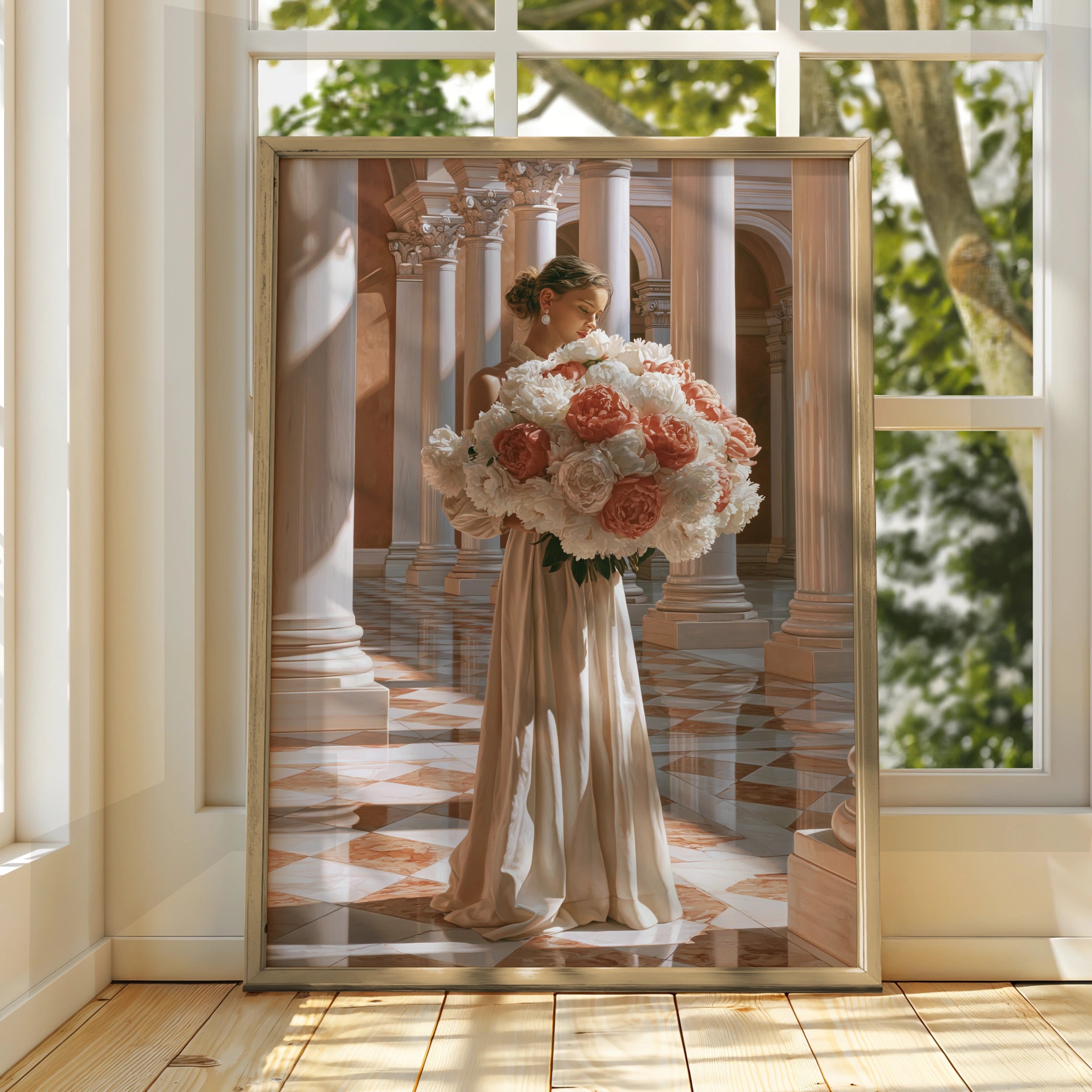 Woman with Peonies Poster, Elegant Floral Wall Art, Classical Architecture Print
