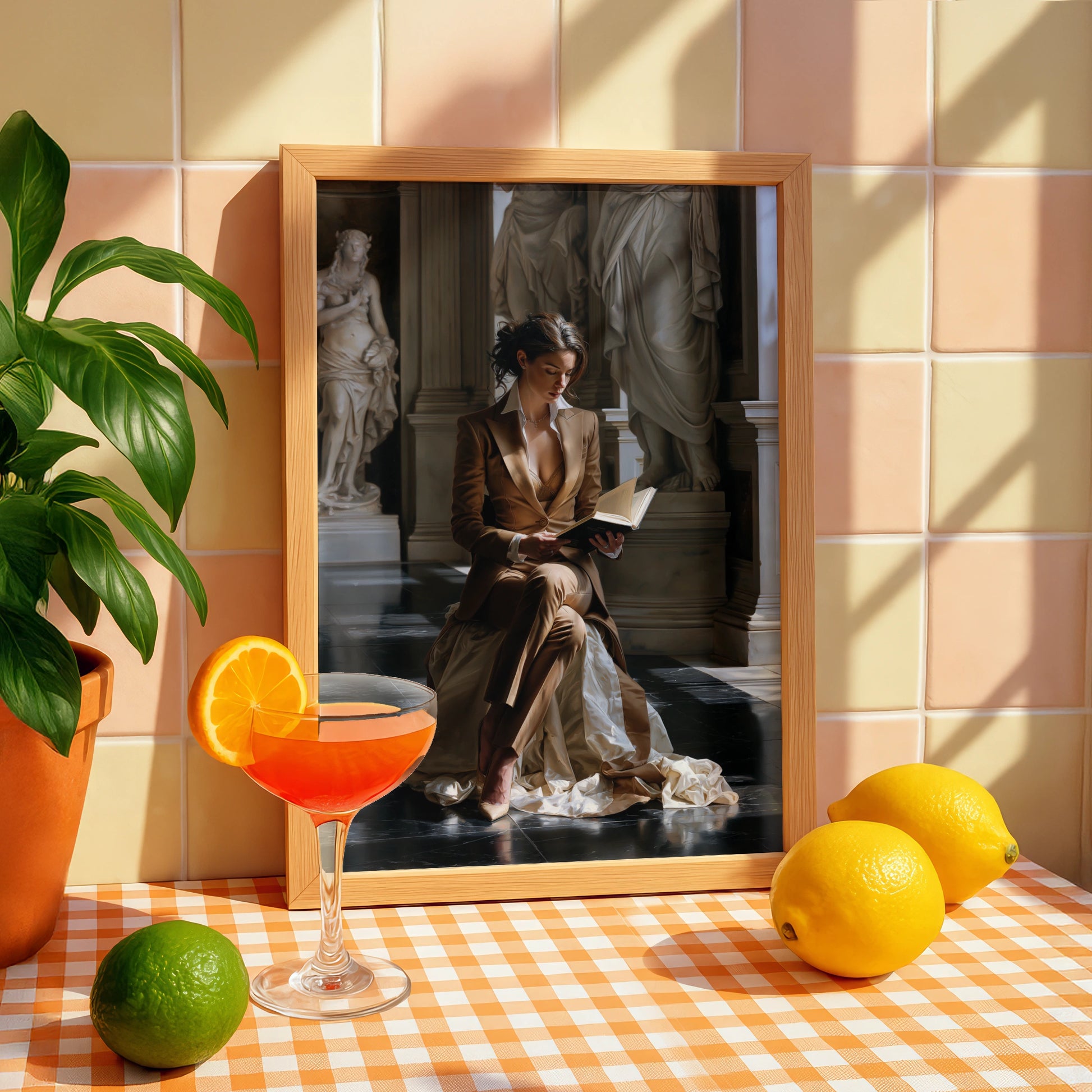 Woman Reading in Classical Hall, Art Poster, Figurative Realism Print