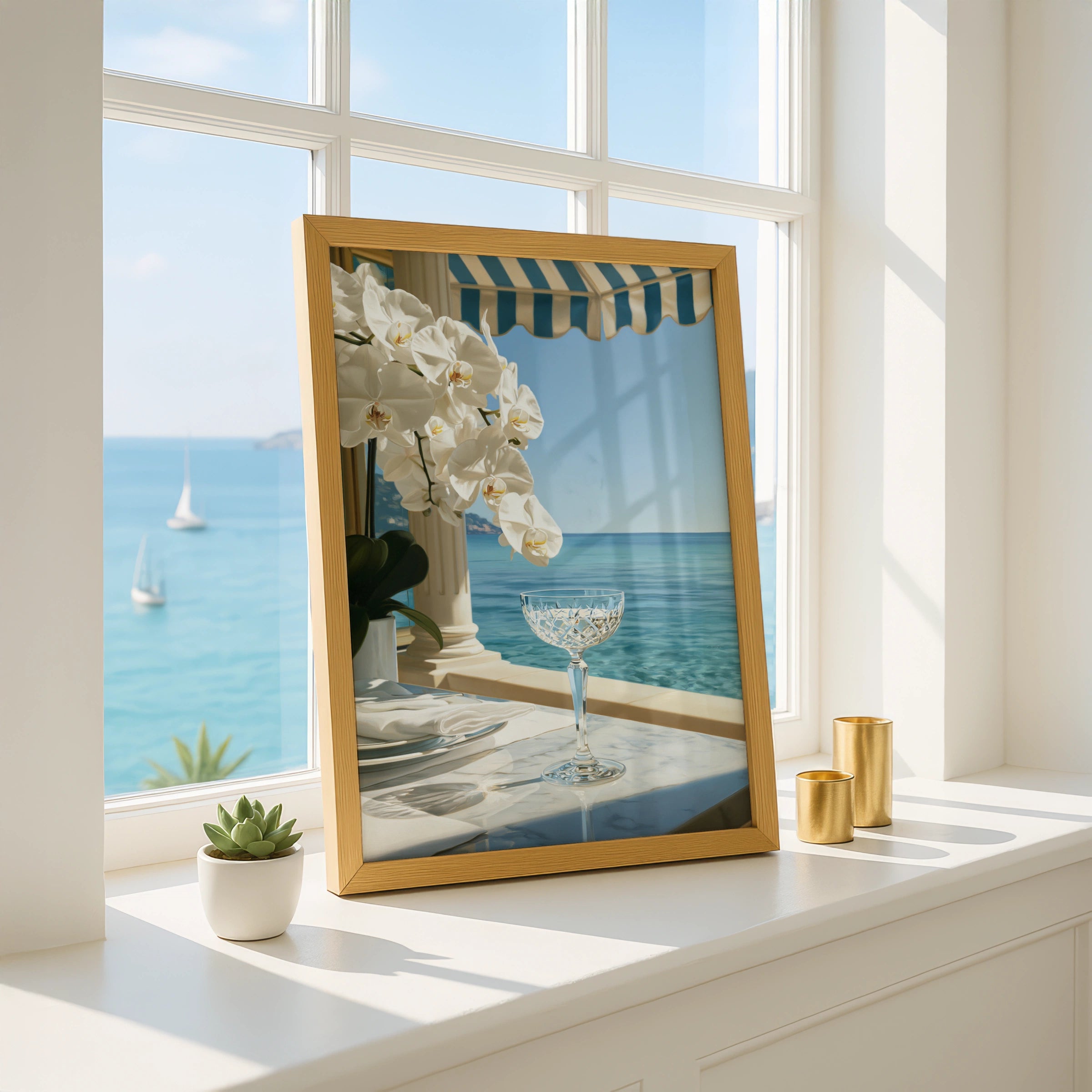 Orchid Beach Terrace Poster, Crystal Glass Ocean View, Coastal Luxury Wall Art