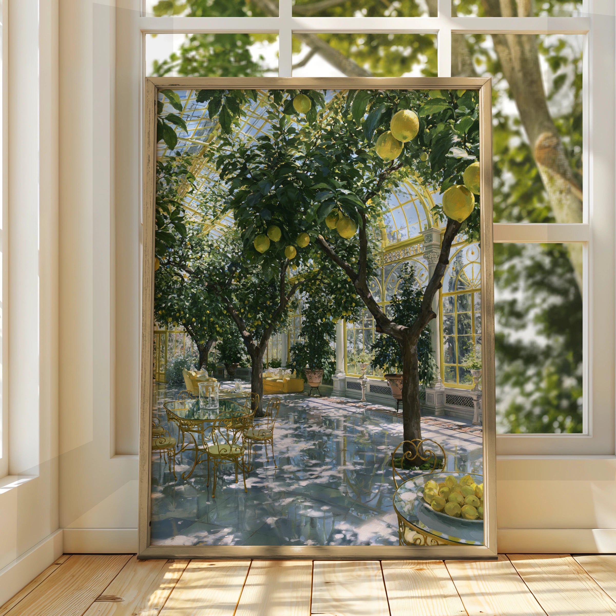 Lemon Courtyard Greenhouse Poster, Victorian Glasshouse Wall Art Print
