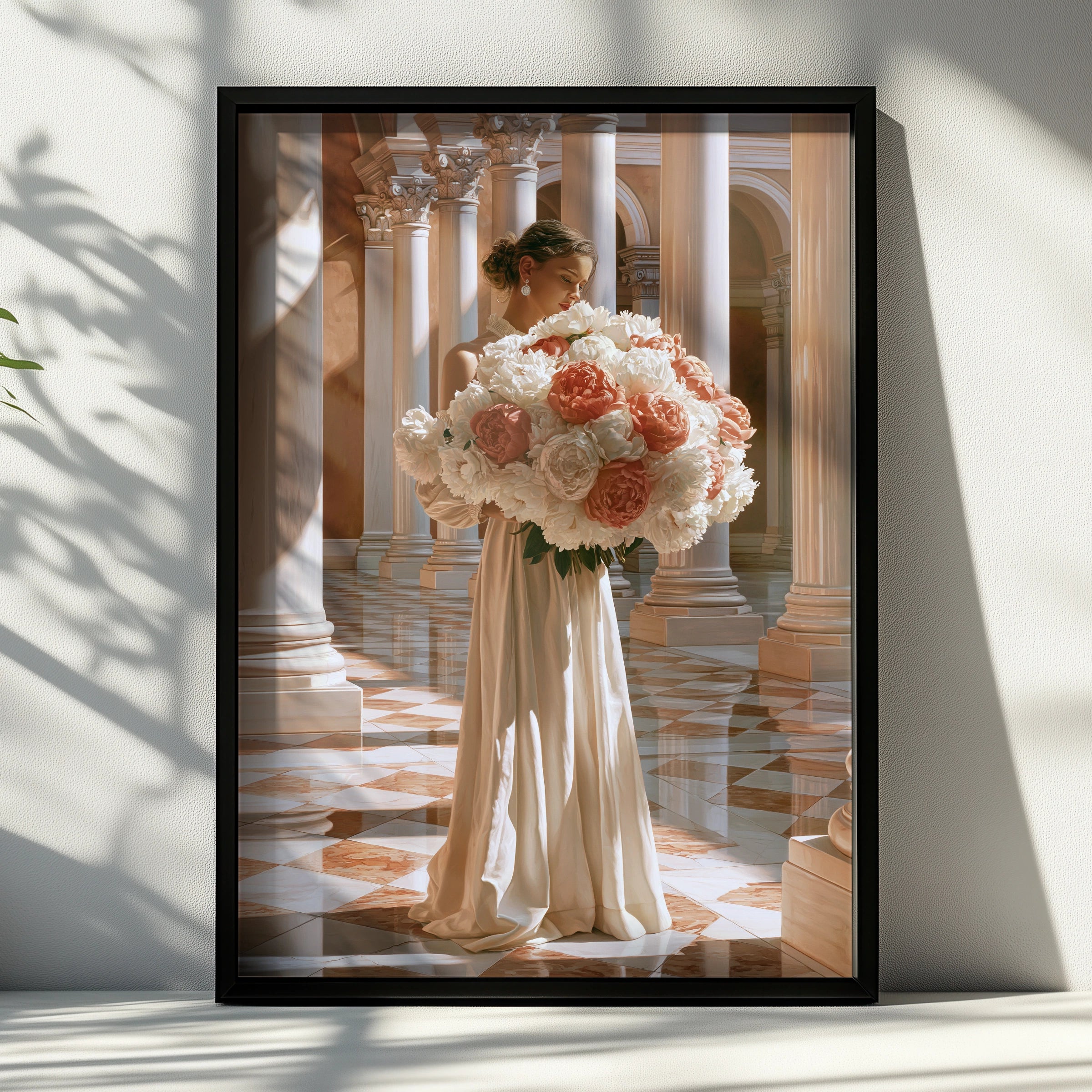 Woman with Peonies Poster, Elegant Floral Wall Art, Classical Architecture Print