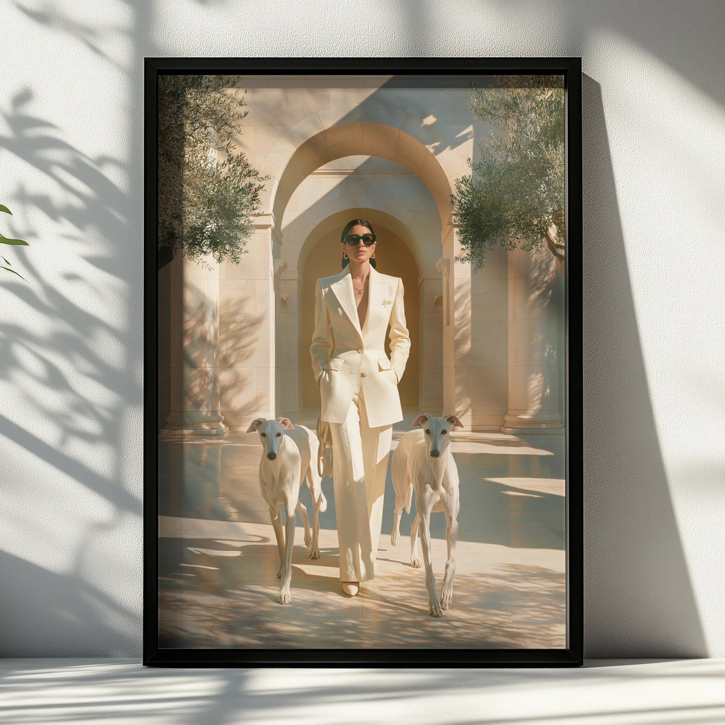 Woman with Greyhounds Poster, Elegant Hounds Art Print, Cream Minimalist Style