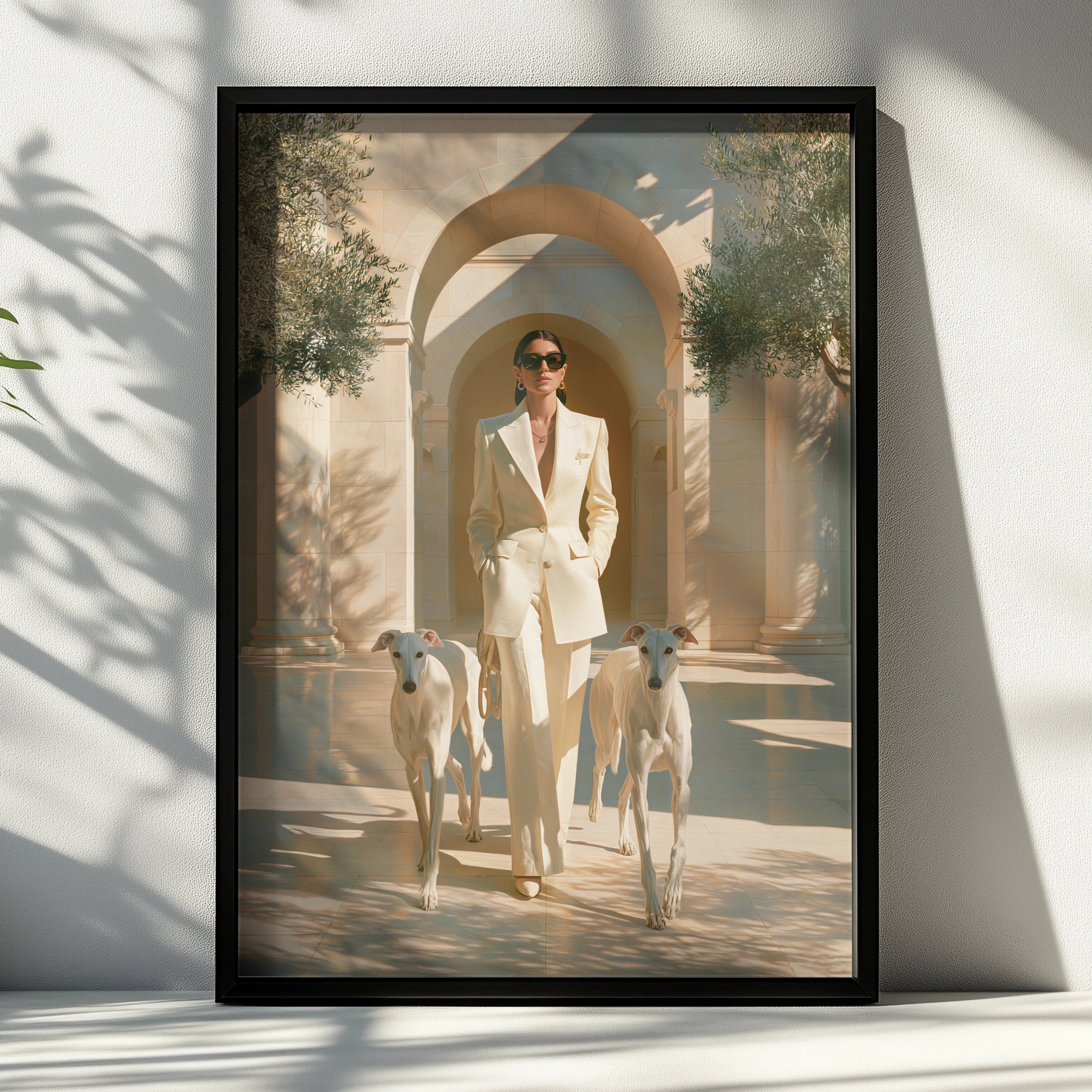 Woman with Greyhounds Poster, Elegant Hounds Art Print, Cream Minimalist Style