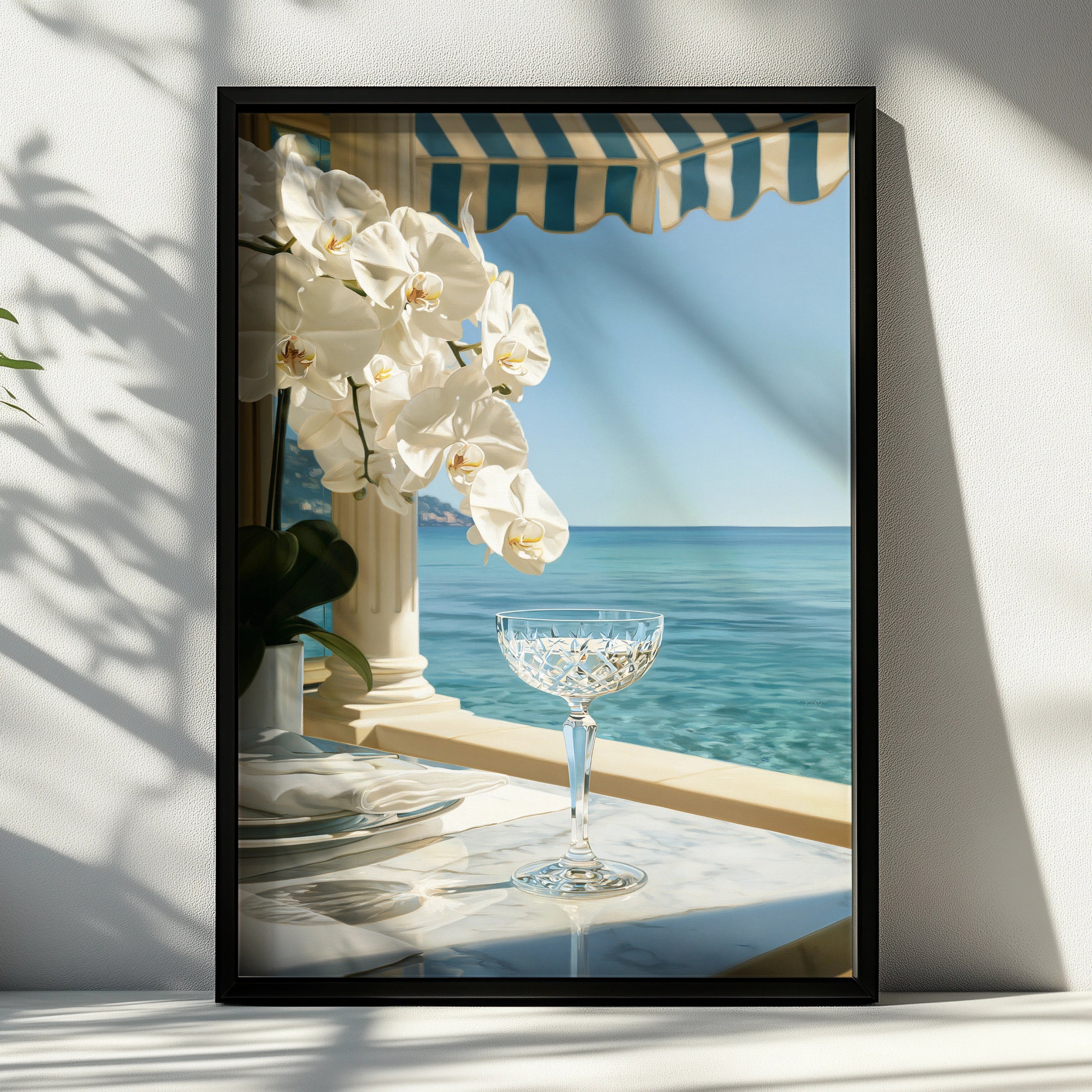 Orchid Beach Terrace Poster, Crystal Glass Ocean View, Coastal Luxury Wall Art