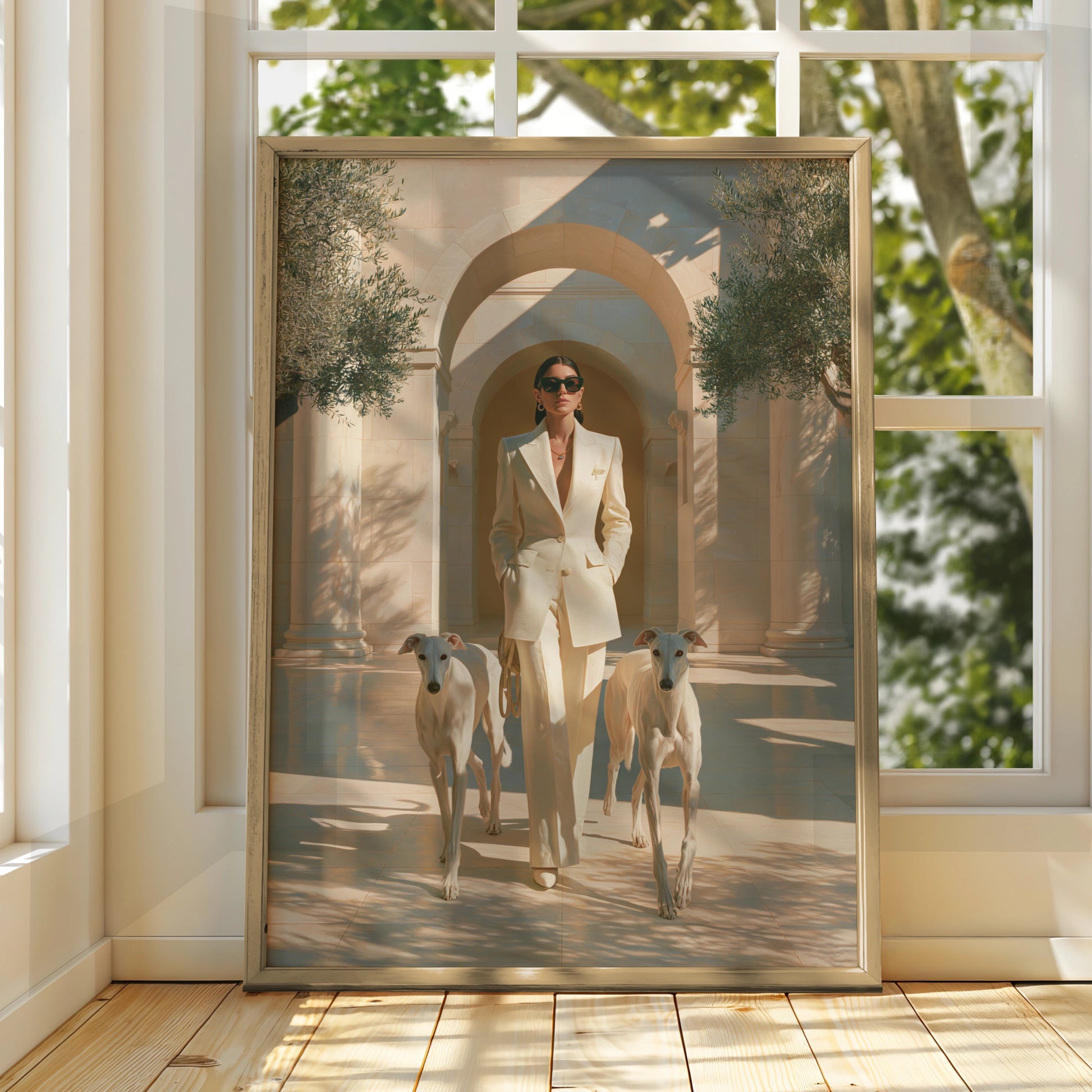 Woman with Greyhounds Poster, Elegant Hounds Art Print, Cream Minimalist Style