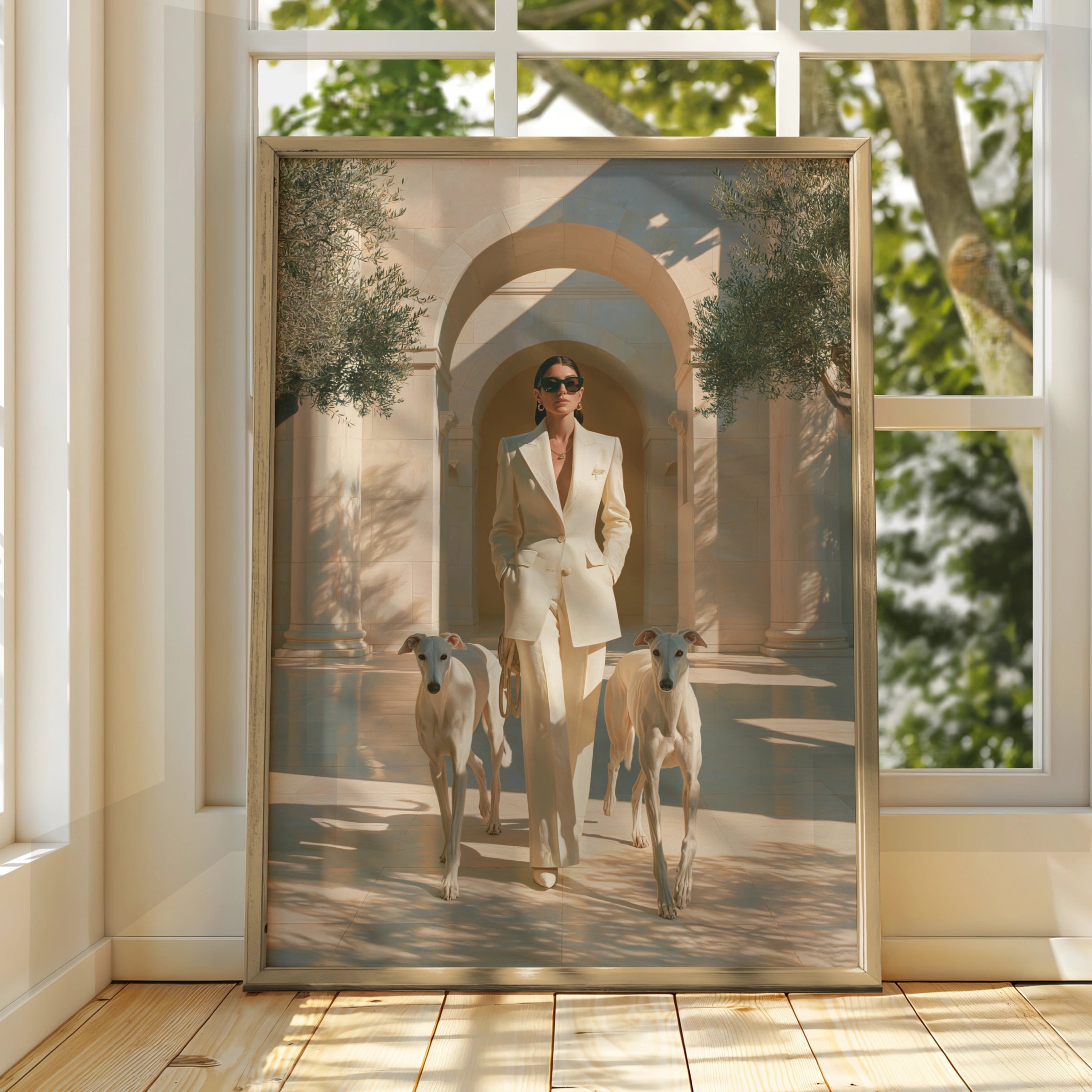 Woman with Greyhounds Poster, Elegant Hounds Art Print, Cream Minimalist Style