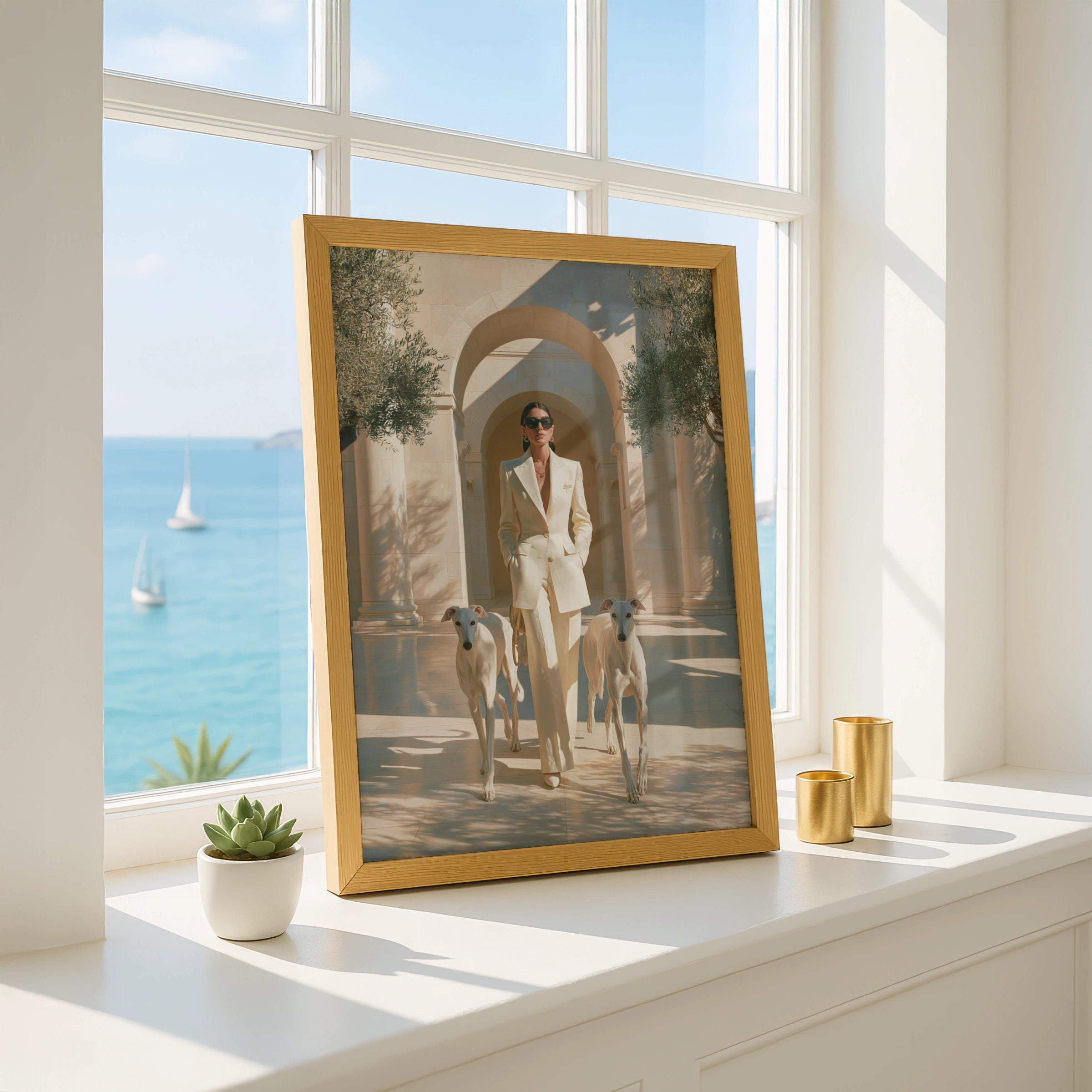 Woman with Greyhounds Poster, Elegant Hounds Art Print, Cream Minimalist Style