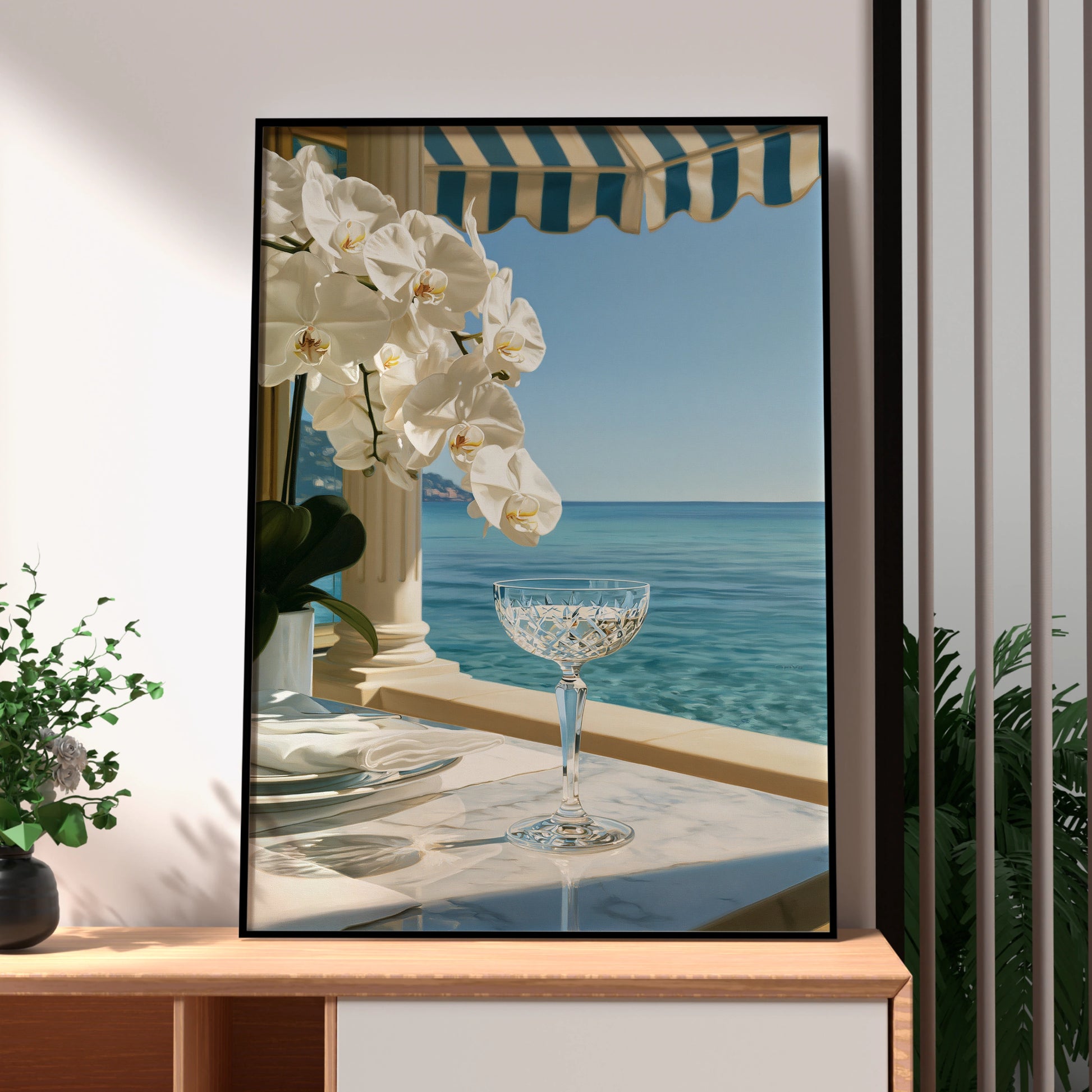 Orchid Beach Terrace Poster, Crystal Glass Ocean View, Coastal Luxury Wall Art