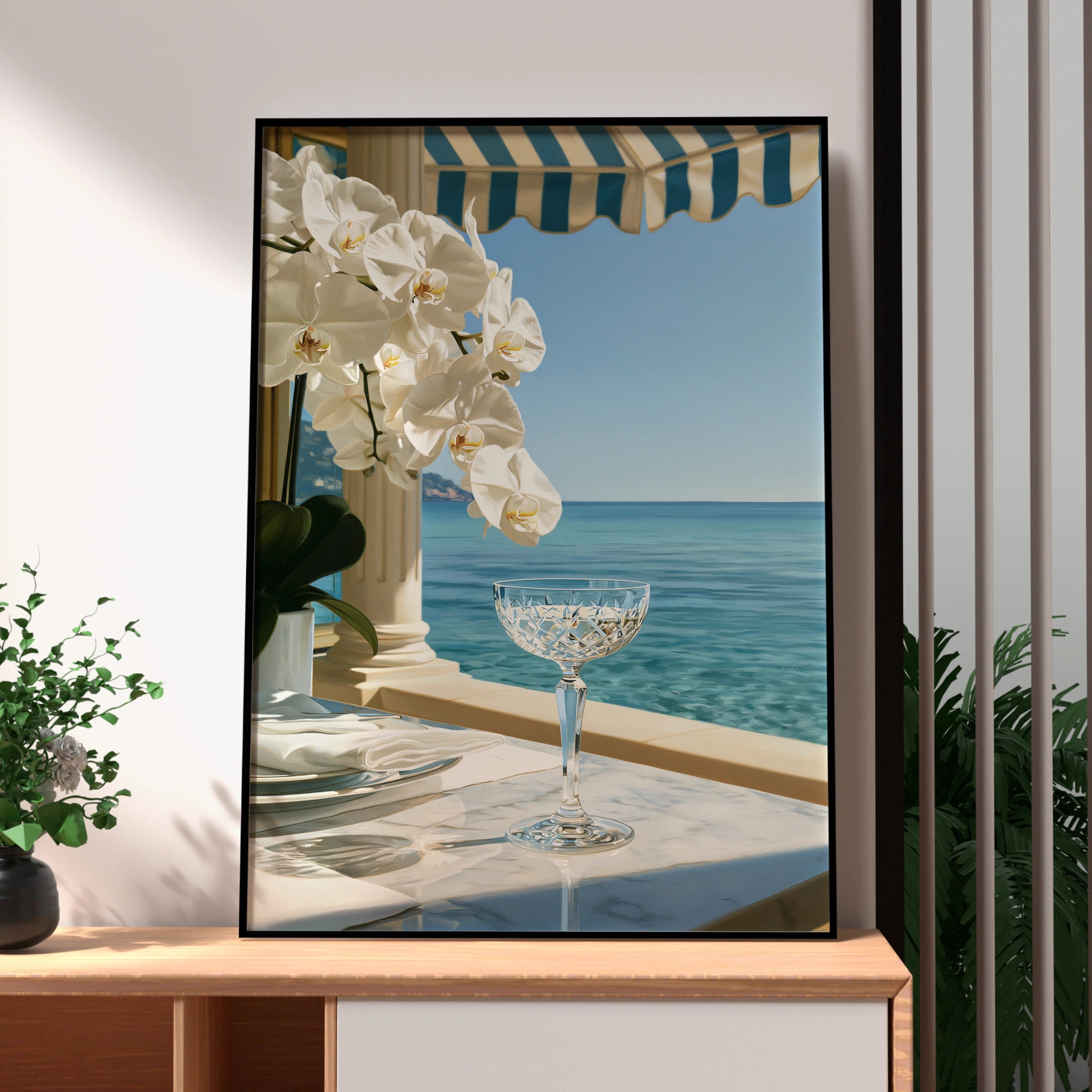 Orchid Beach Terrace Poster, Crystal Glass Ocean View, Coastal Luxury Wall Art