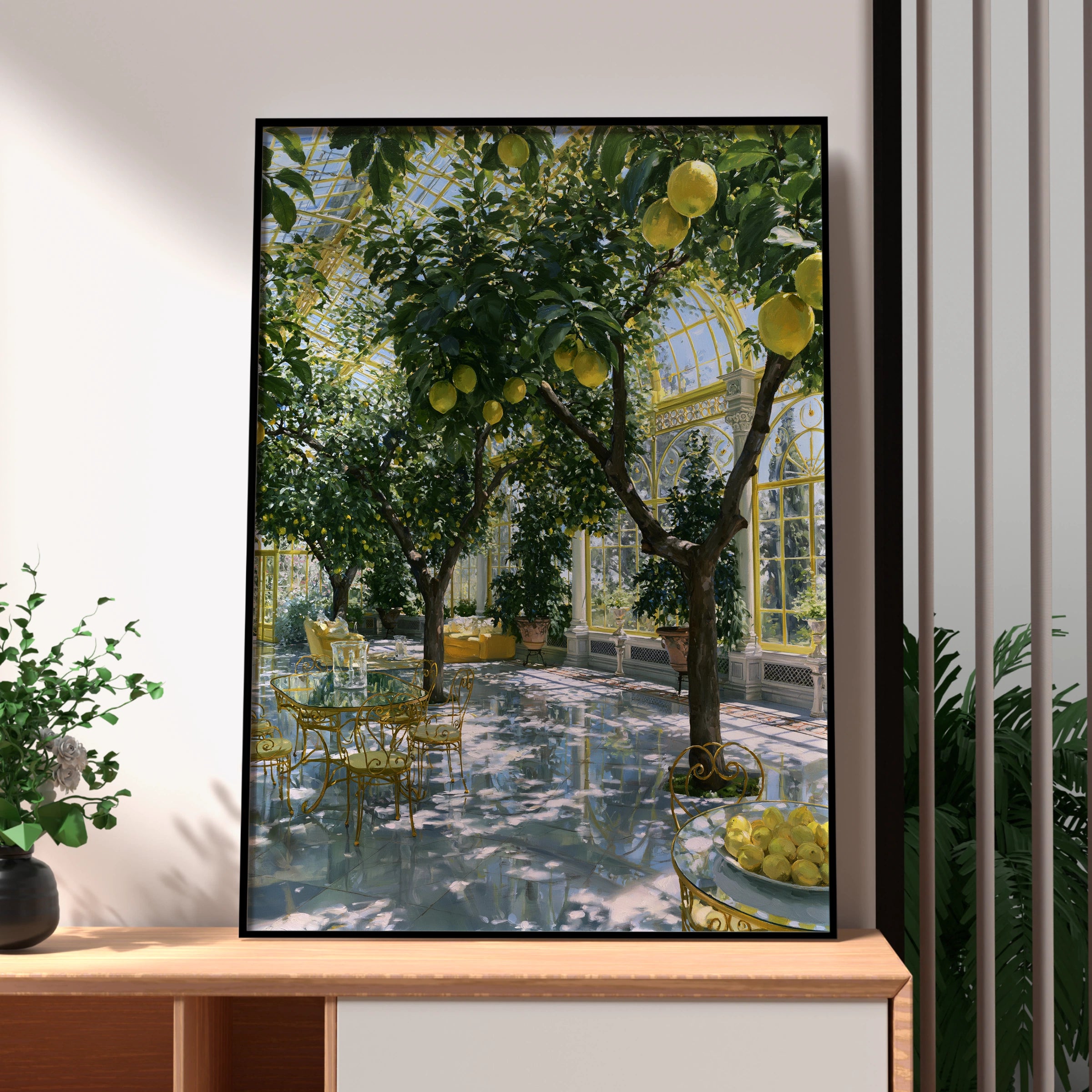 Lemon Courtyard Greenhouse Poster, Victorian Glasshouse Wall Art Print