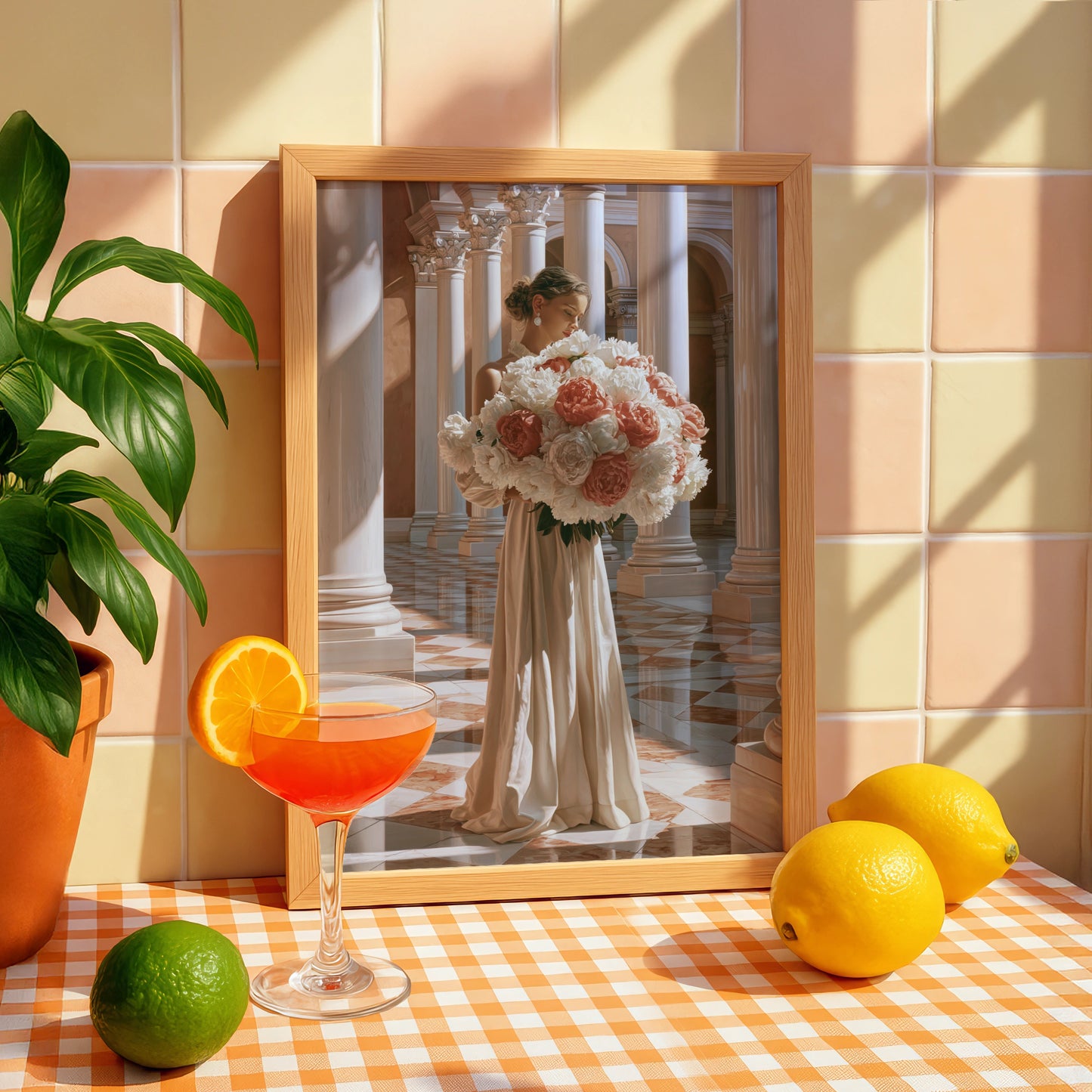 Woman with Peonies Poster, Elegant Floral Wall Art, Classical Architecture Print