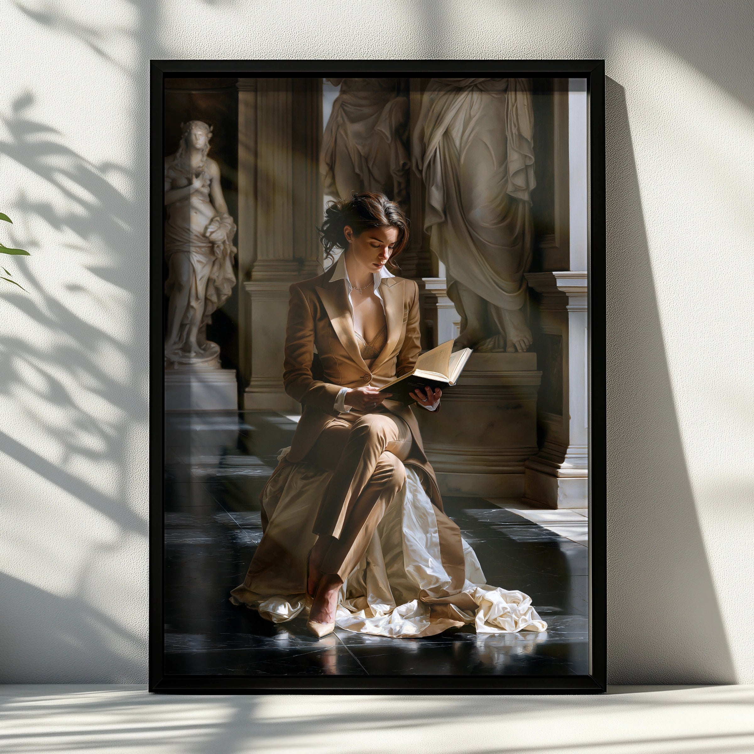 Woman Reading in Classical Hall, Art Poster, Figurative Realism Print