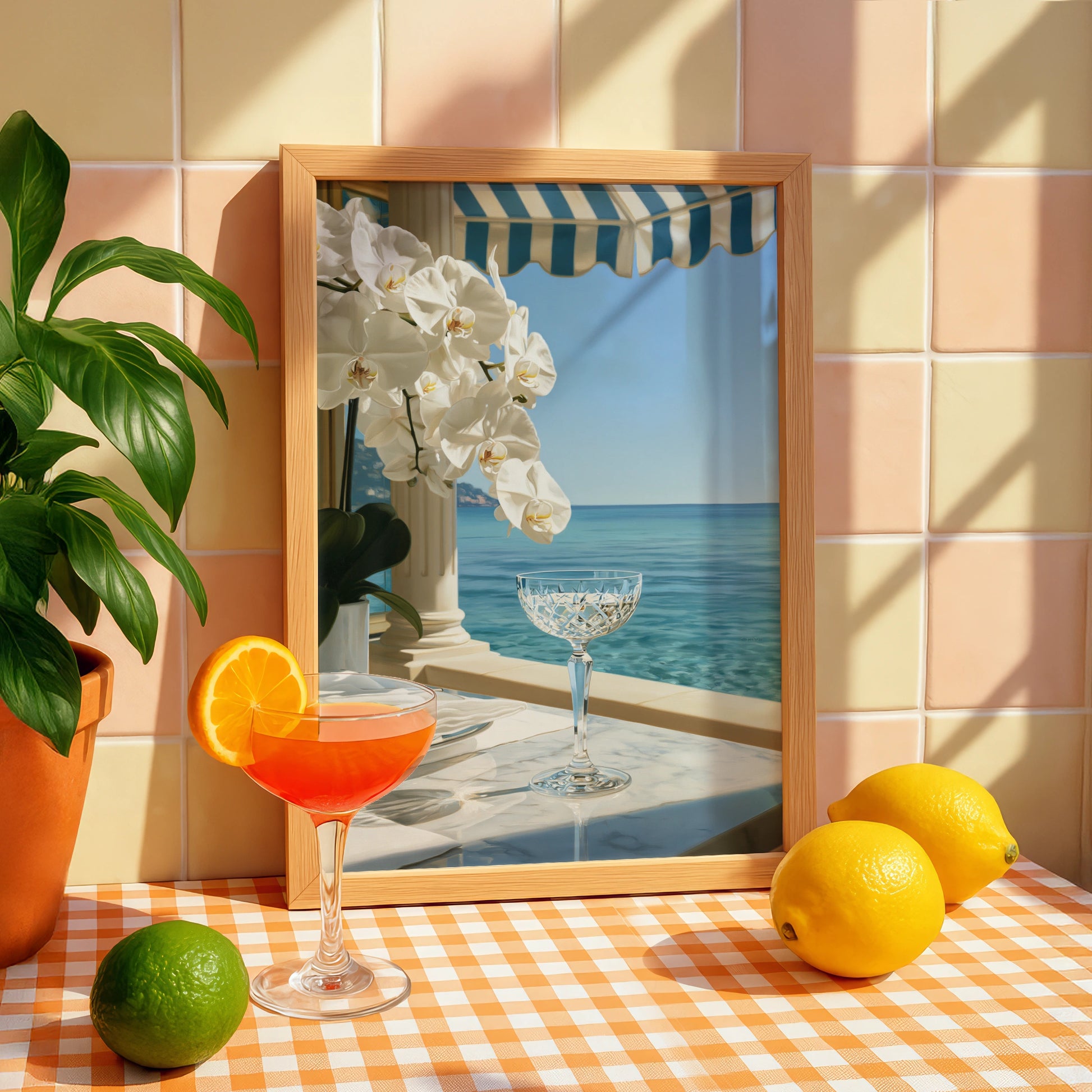 Orchid Beach Terrace Poster, Crystal Glass Ocean View, Coastal Luxury Wall Art