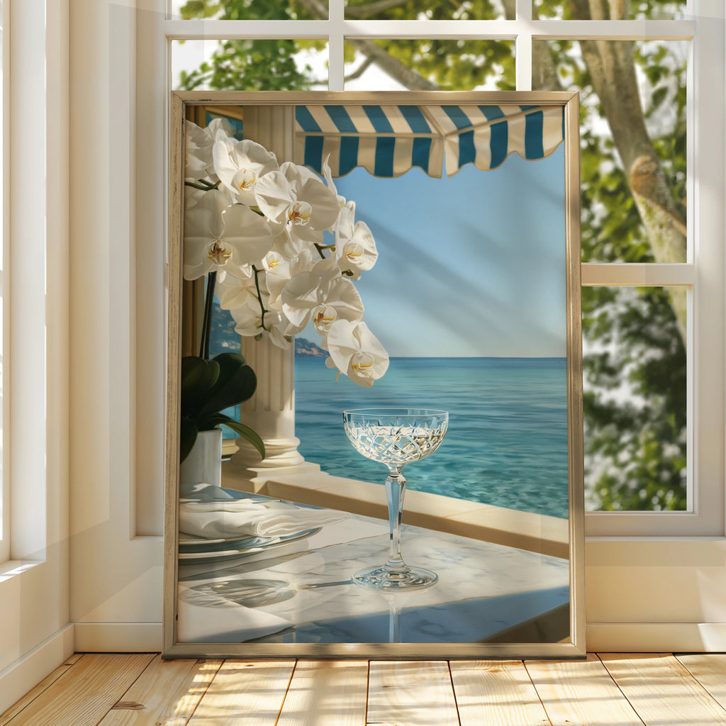 Orchid Beach Terrace Poster, Crystal Glass Ocean View, Coastal Luxury Wall Art