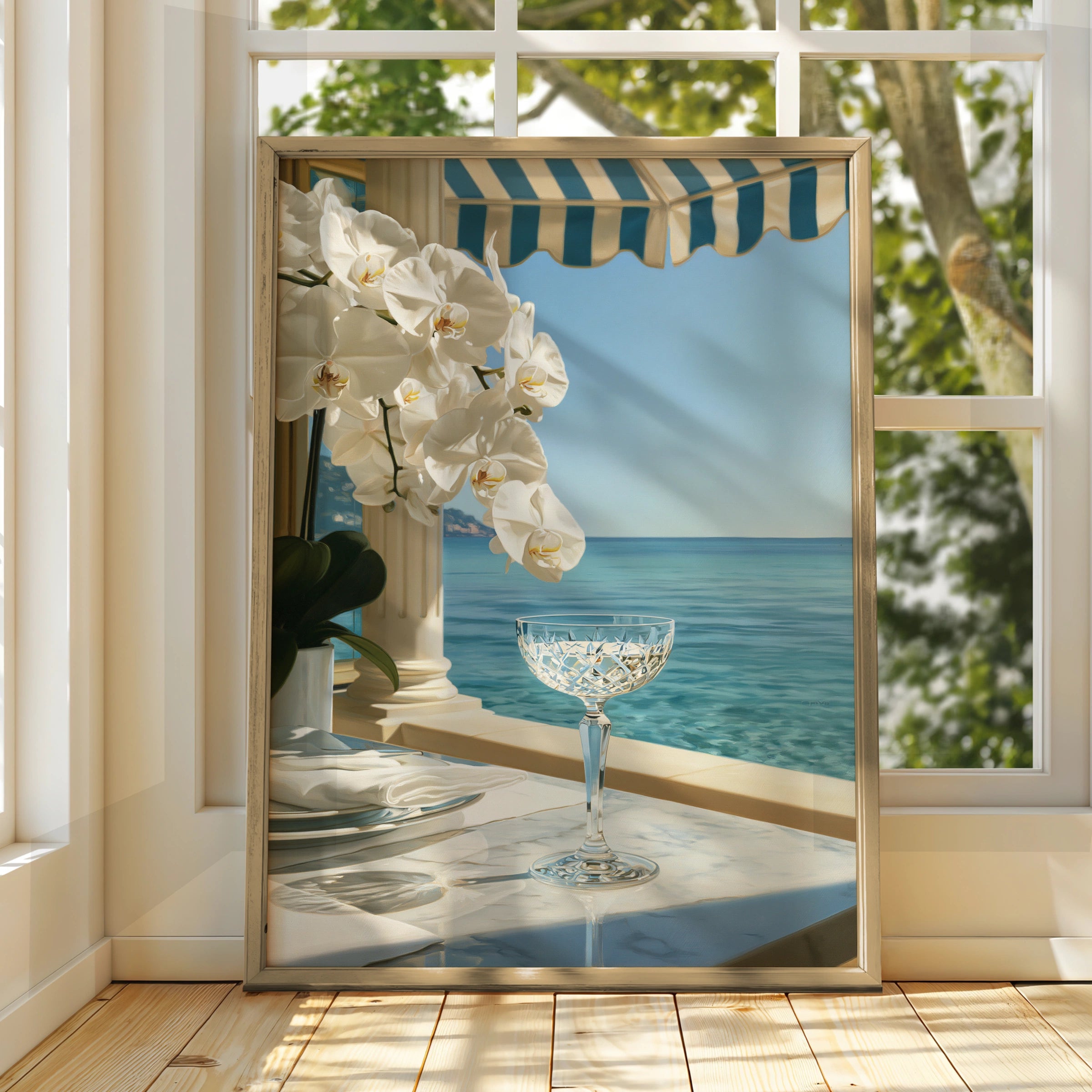 Orchid Beach Terrace Poster, Crystal Glass Ocean View, Coastal Luxury Wall Art