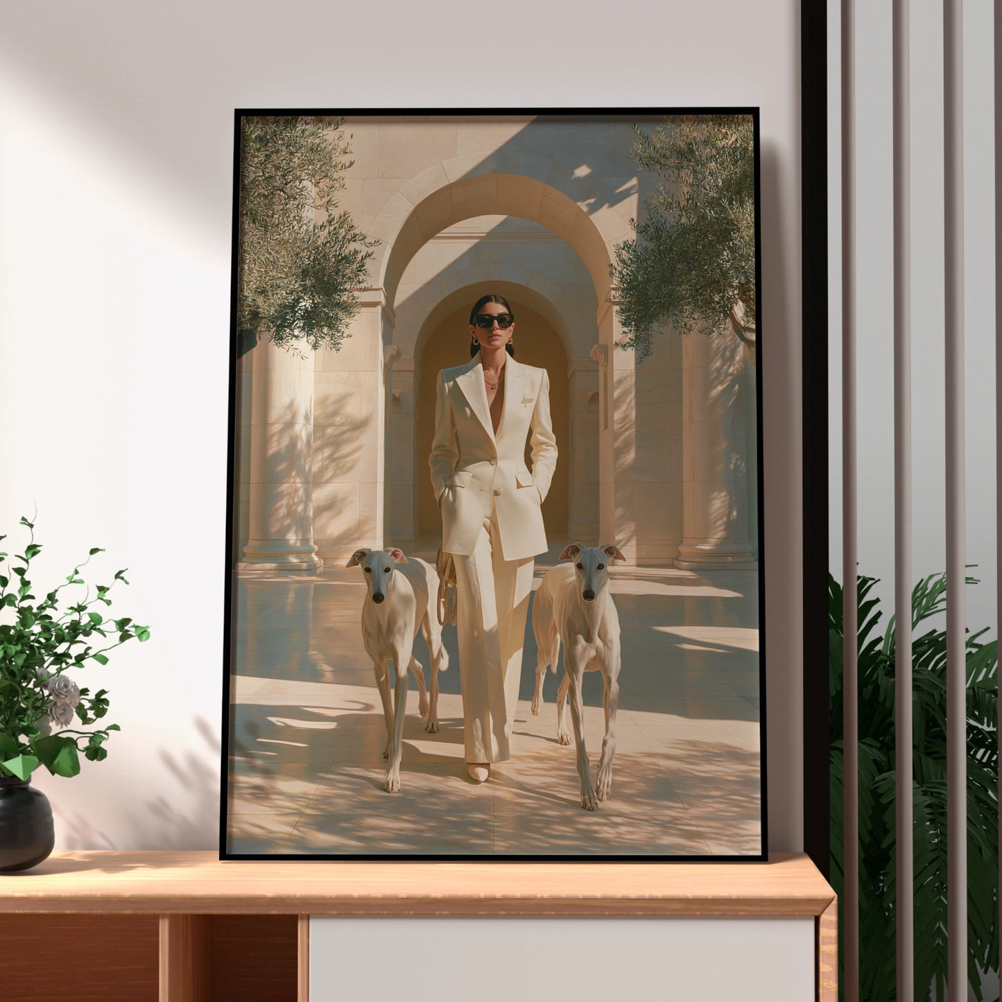 Woman with Greyhounds Poster, Elegant Hounds Art Print, Cream Minimalist Style