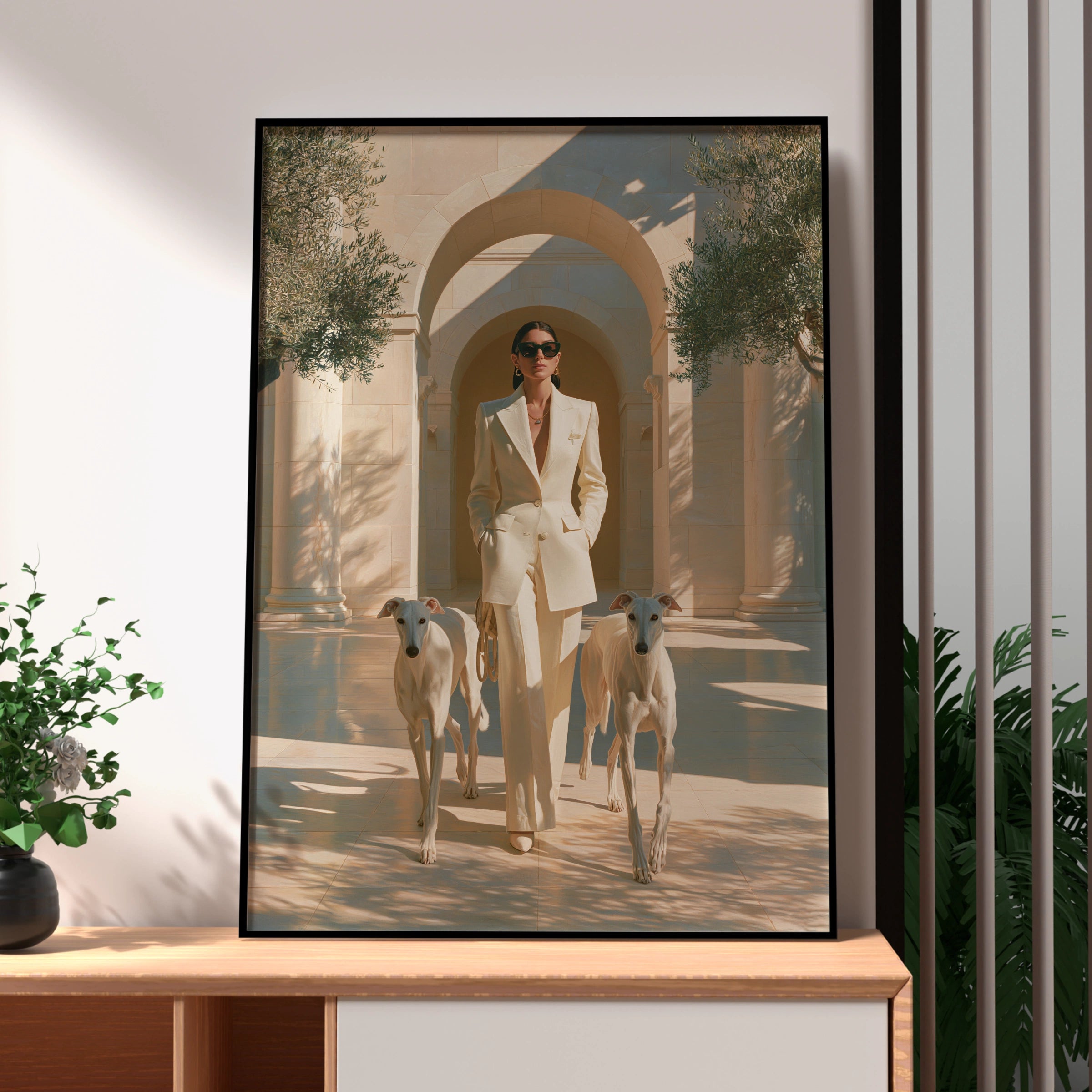 Woman with Greyhounds Poster, Elegant Hounds Art Print, Cream Minimalist Style