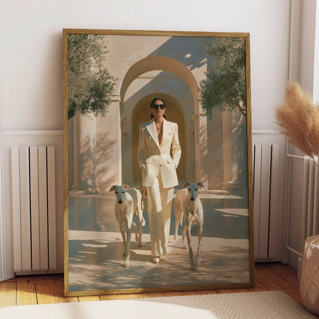 Woman with Greyhounds Poster, Elegant Hounds Art Print, Cream Minimalist Style
