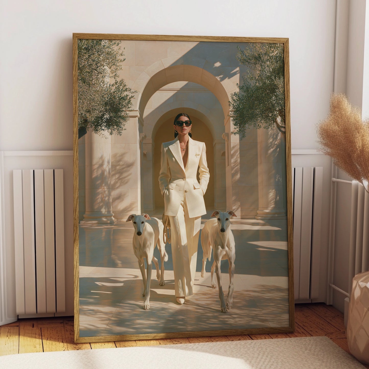 Woman with Greyhounds Poster, Elegant Hounds Art Print, Cream Minimalist Style
