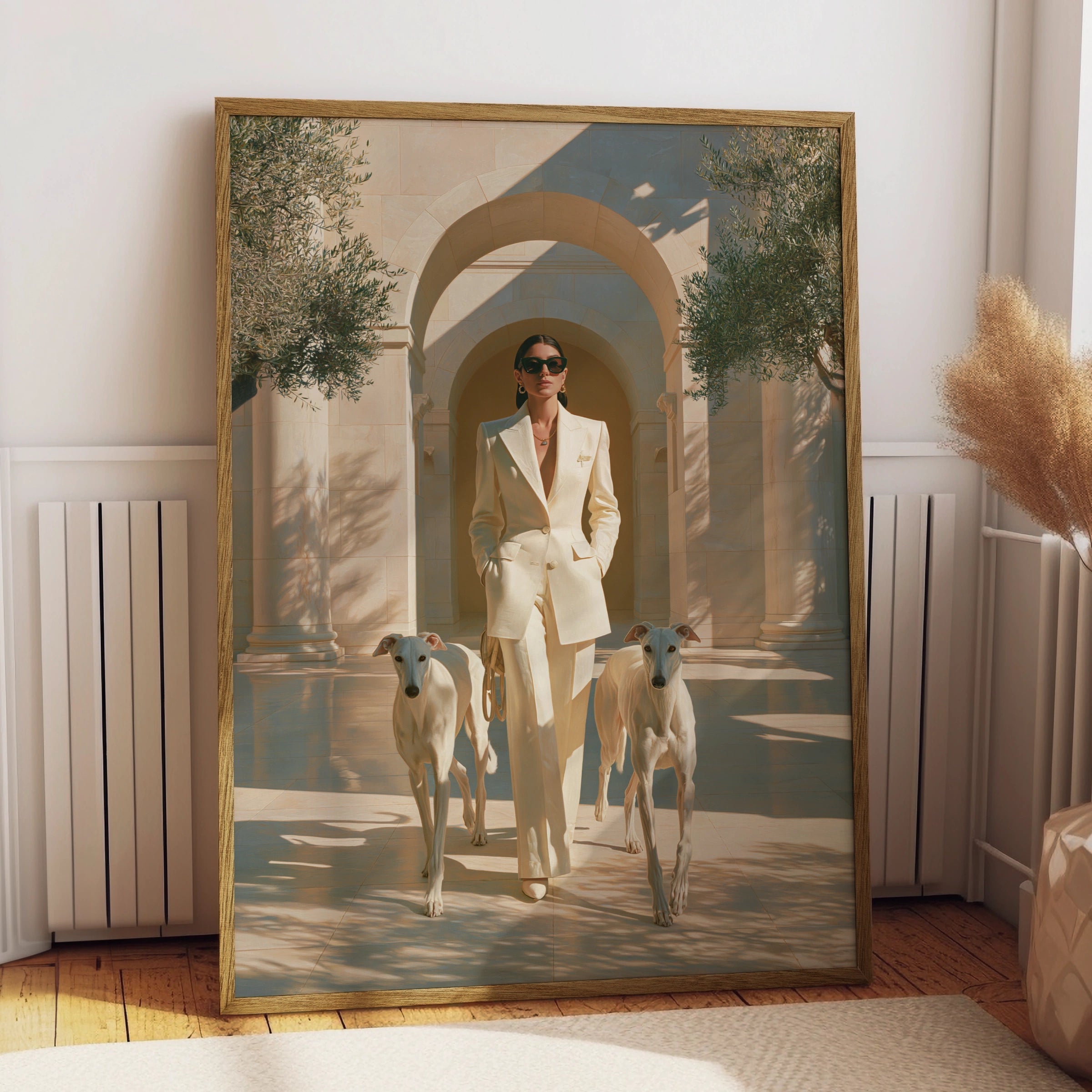 Woman with Greyhounds Poster, Elegant Hounds Art Print, Cream Minimalist Style