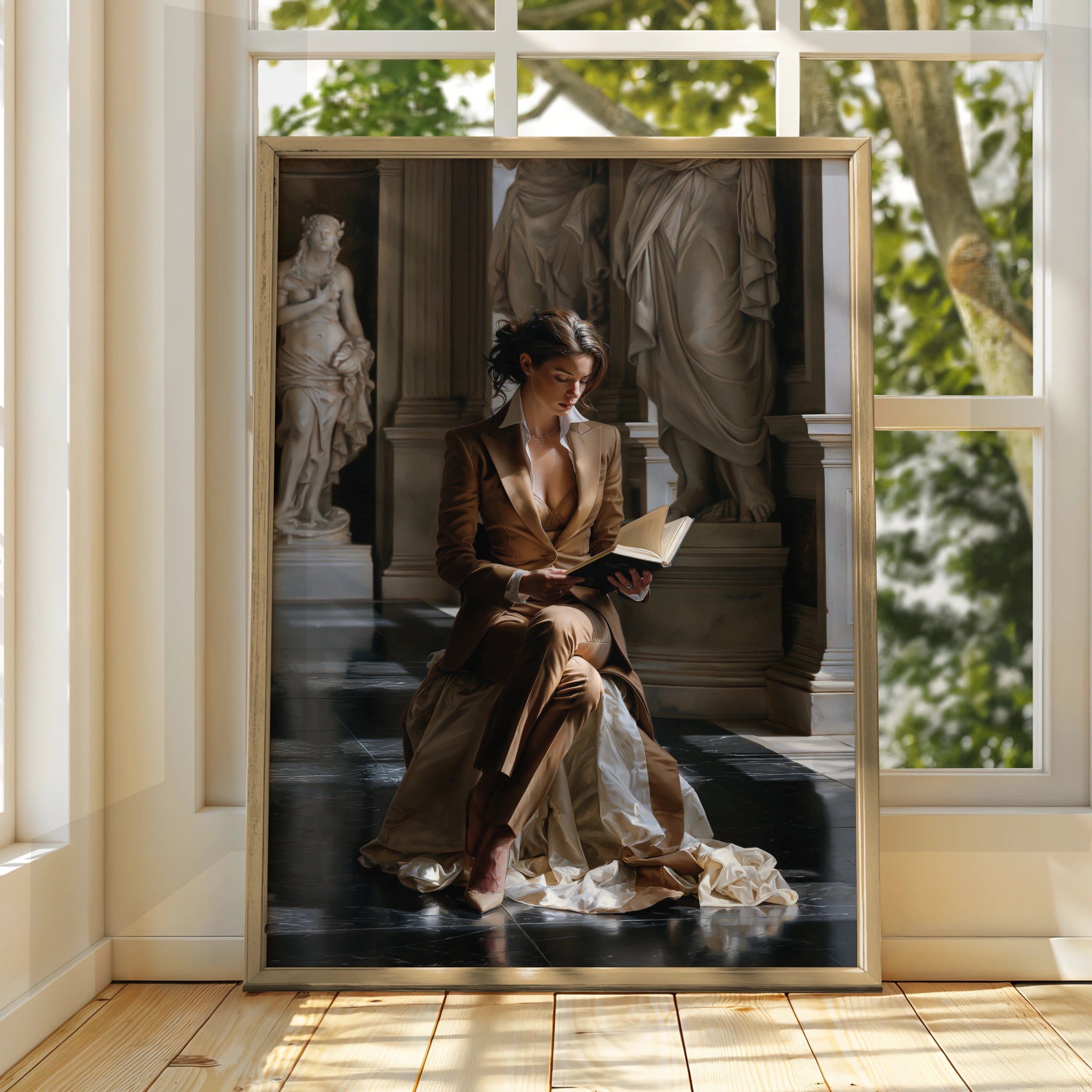 Woman Reading in Classical Hall, Art Poster, Figurative Realism Print