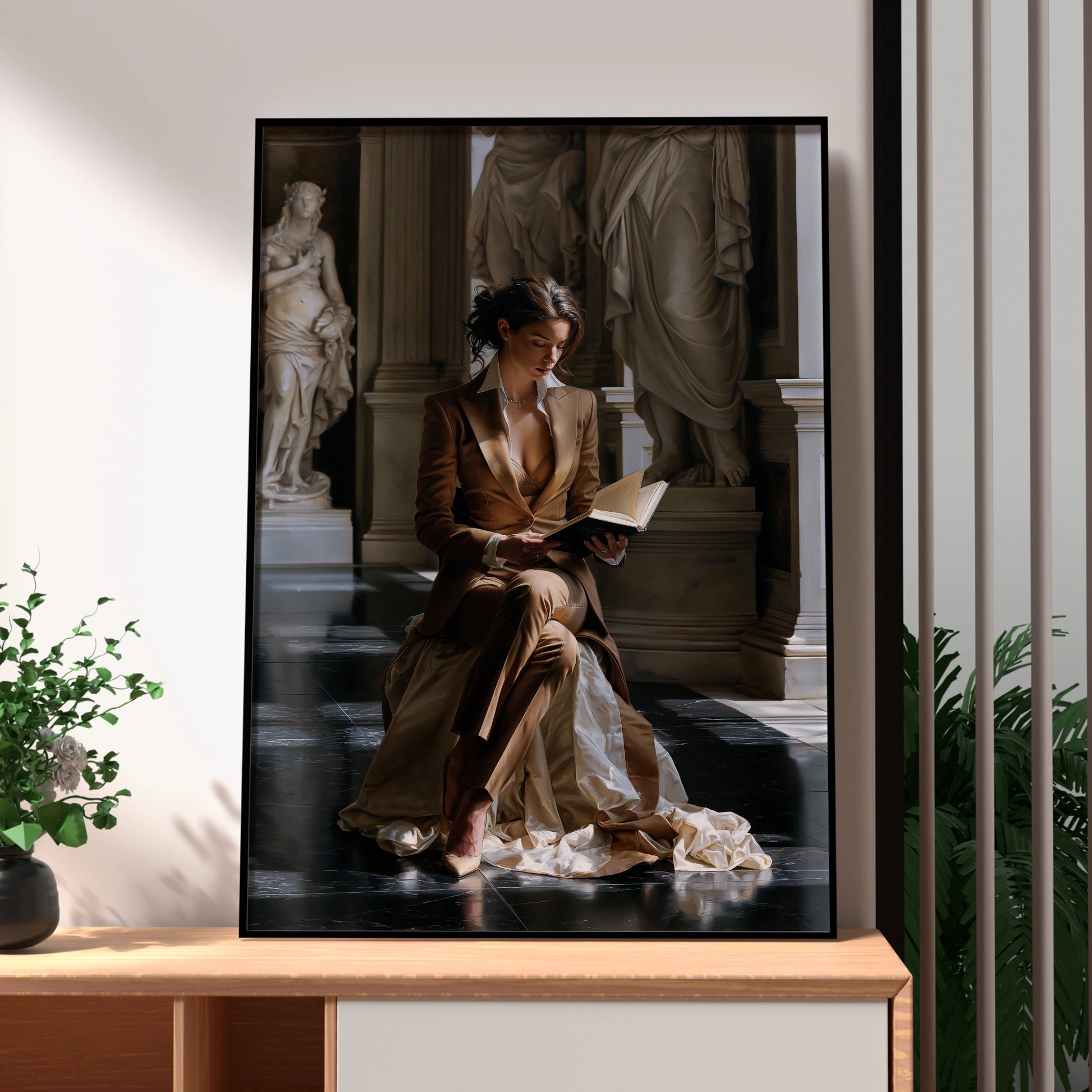 Woman Reading in Classical Hall, Art Poster, Figurative Realism Print