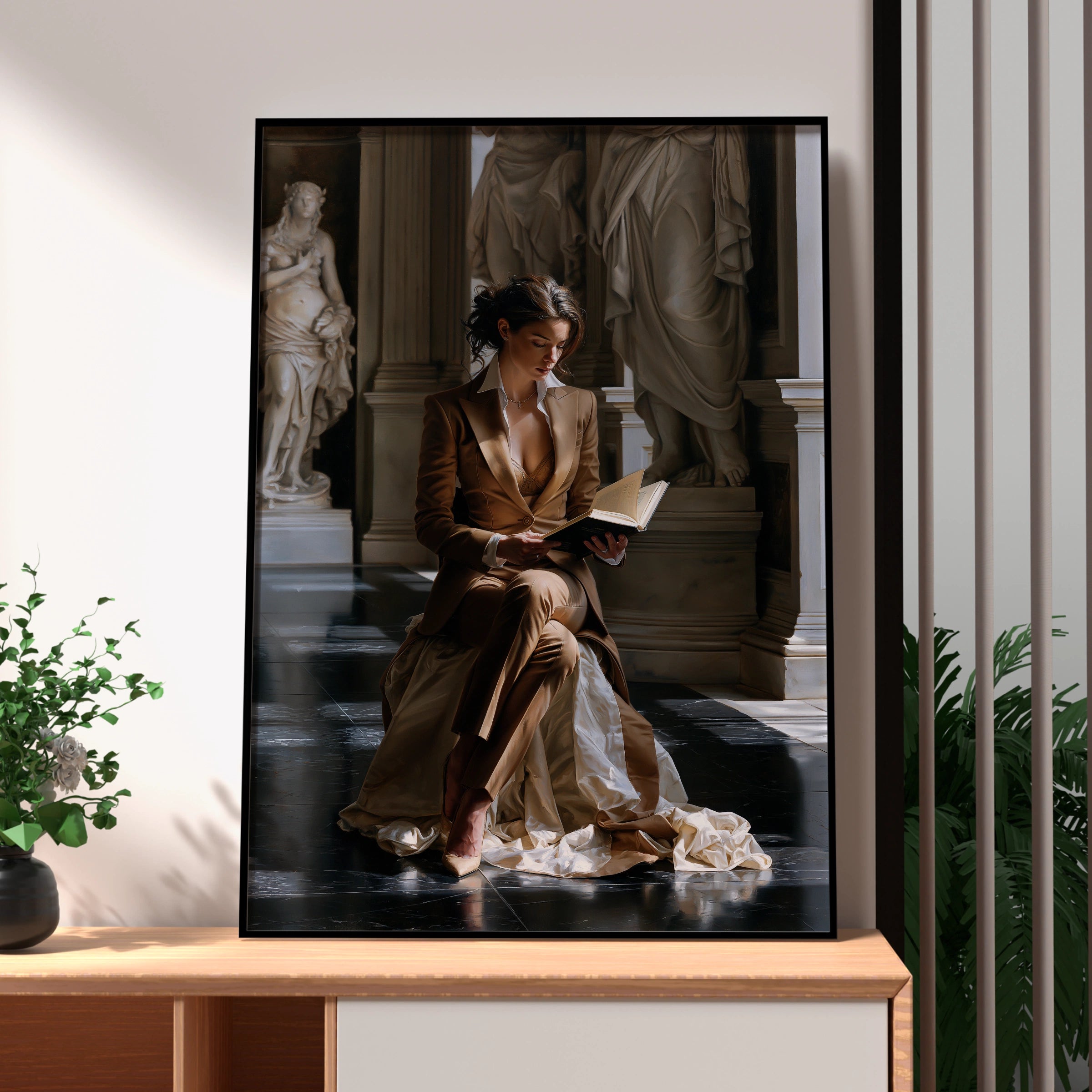 Woman Reading in Classical Hall, Art Poster, Figurative Realism Print