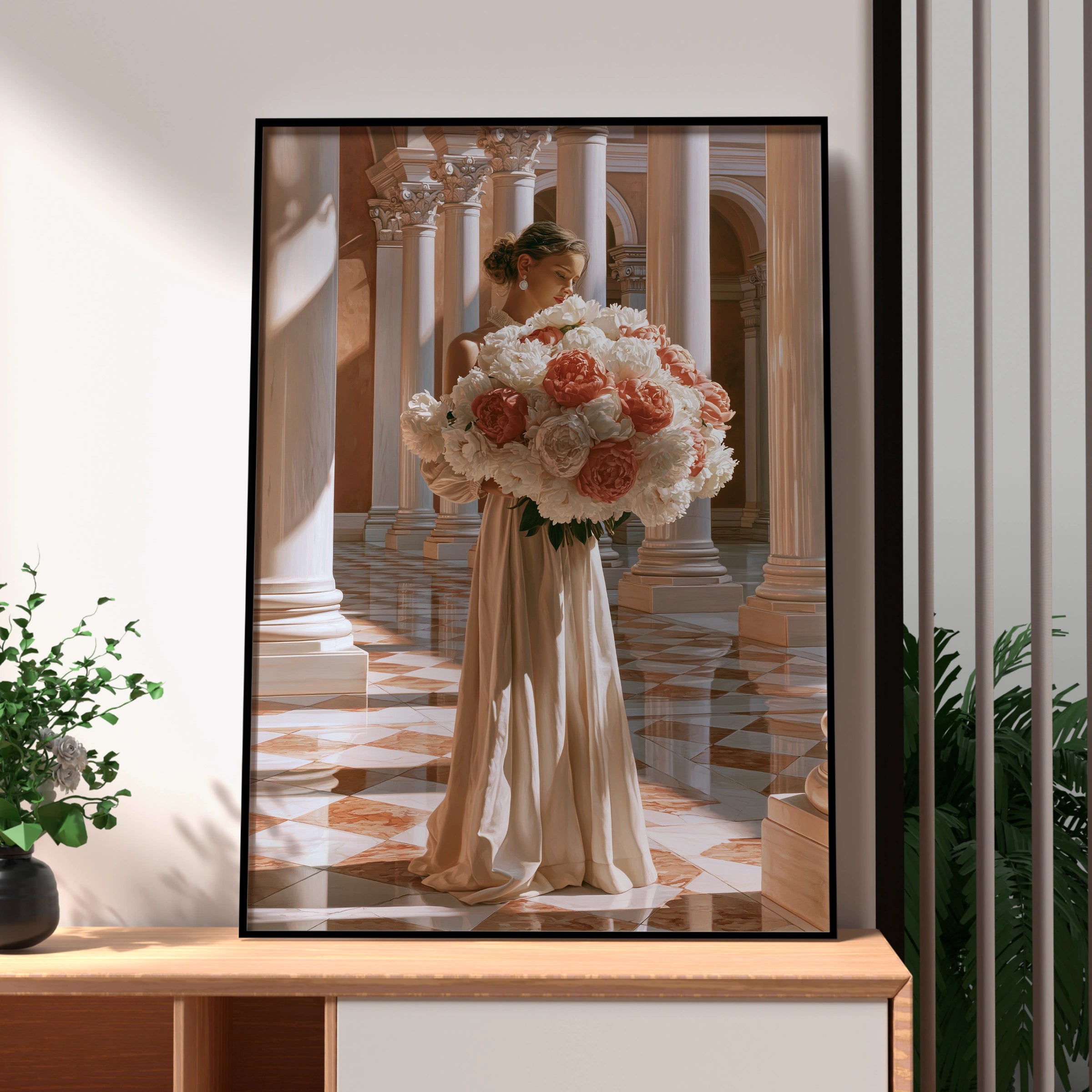 Woman with Peonies Poster, Elegant Floral Wall Art, Classical Architecture Print
