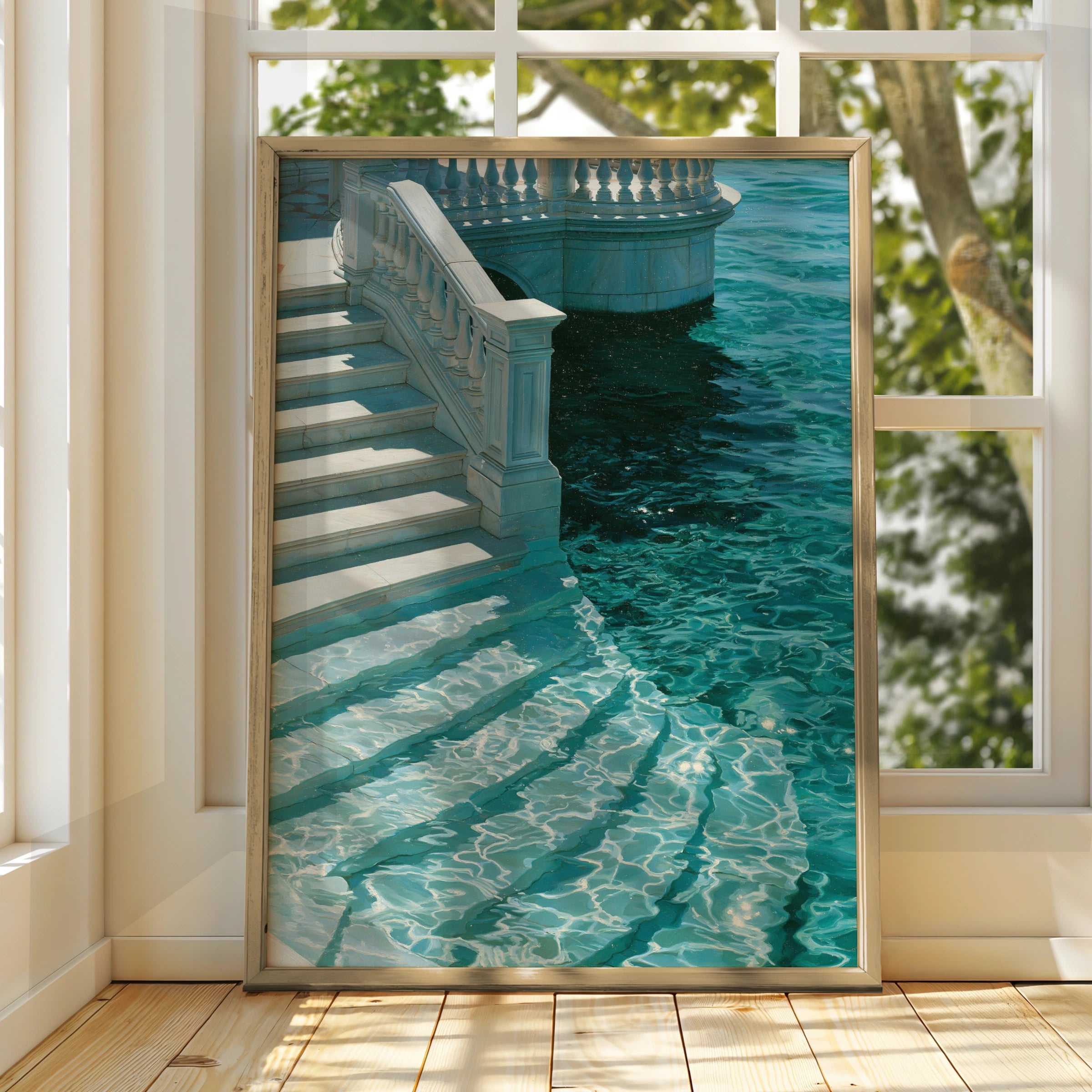 Marble Stairs Water Poster, Teal Venice Canal Wall Art, Classical Architecture Print