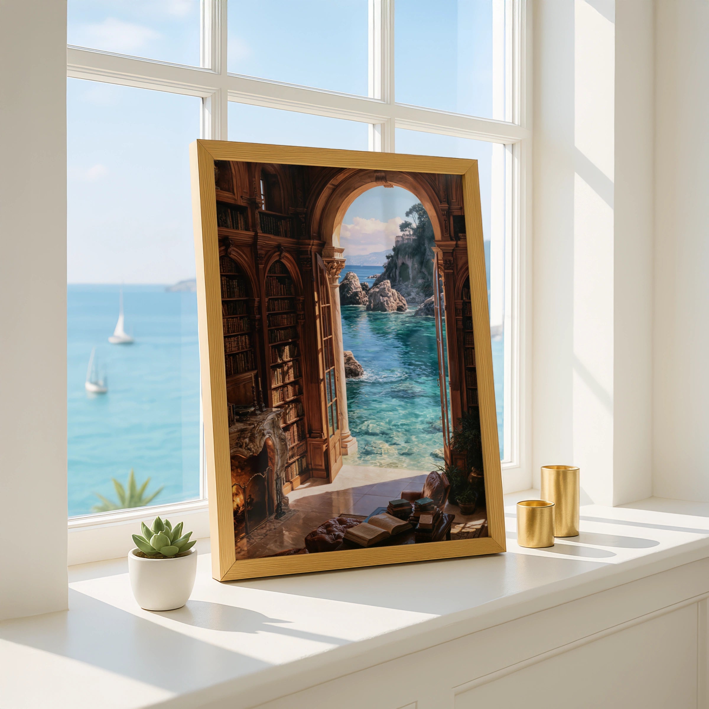 Beach Library Poster, Coastal Bookshelf Arch Wall Art, Dreamy Ocean View Print