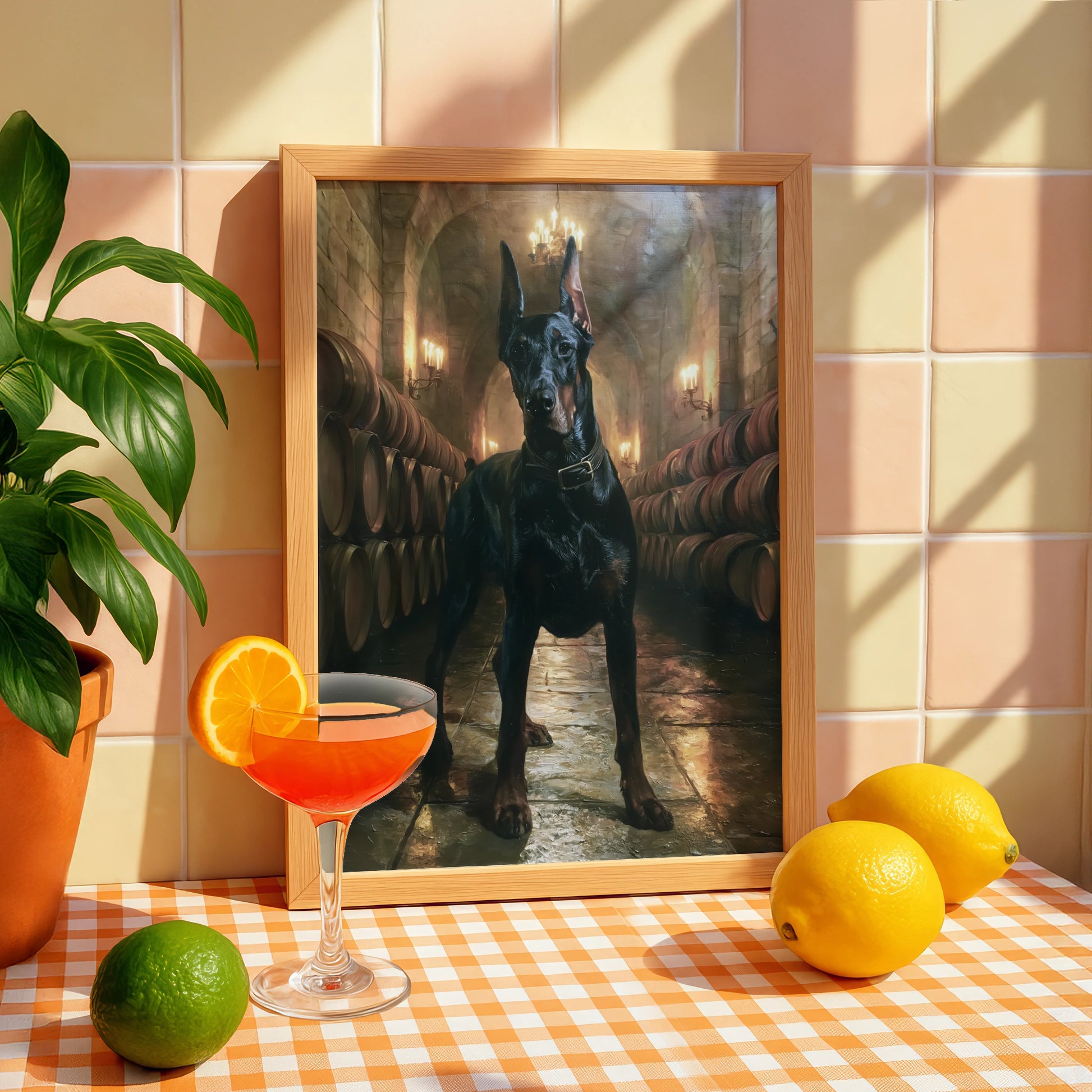 Dobermann Wine Cellar Poster, Classic Oil Painting Style, Dark Dog Art