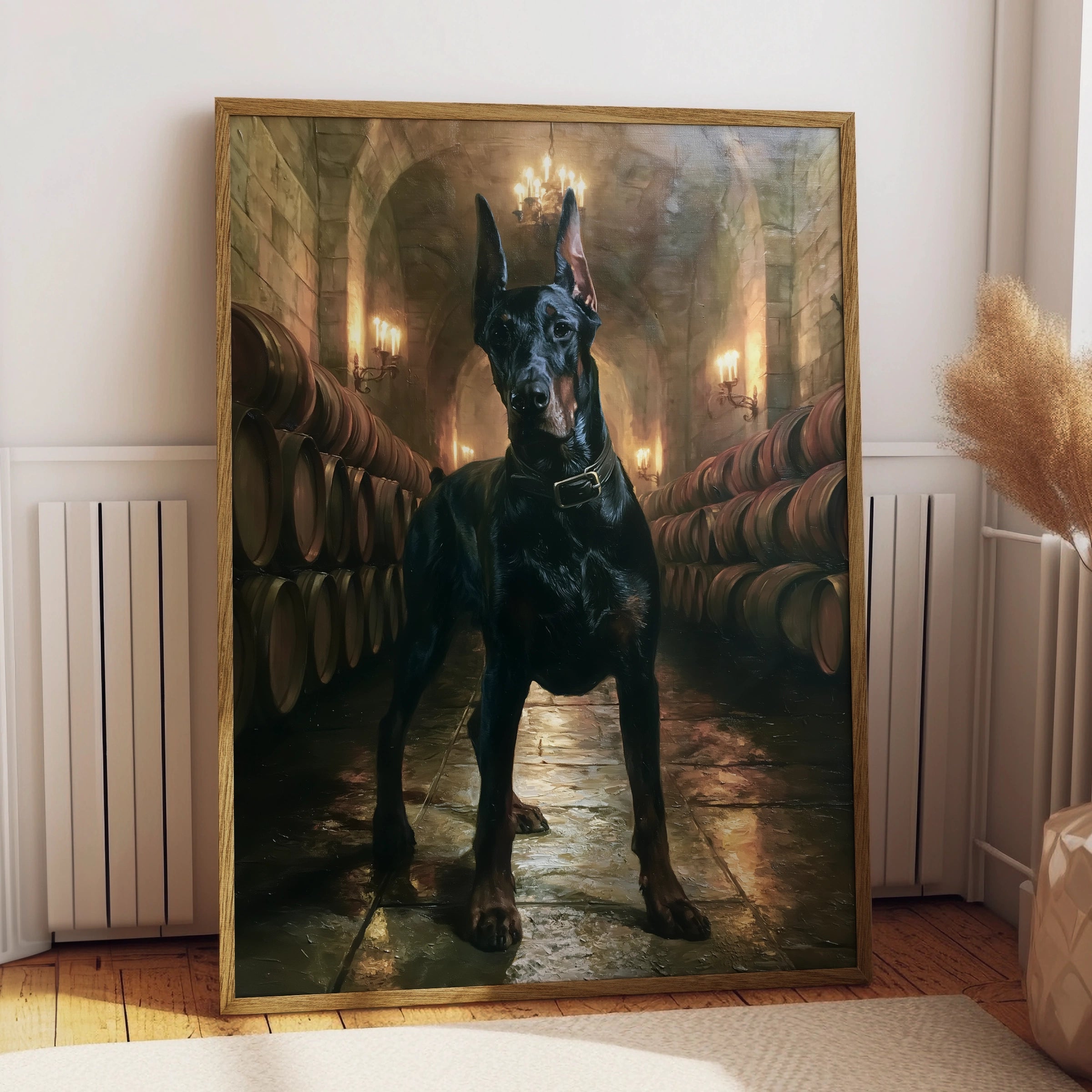 Dobermann Wine Cellar Poster, Classic Oil Painting Style, Dark Dog Art