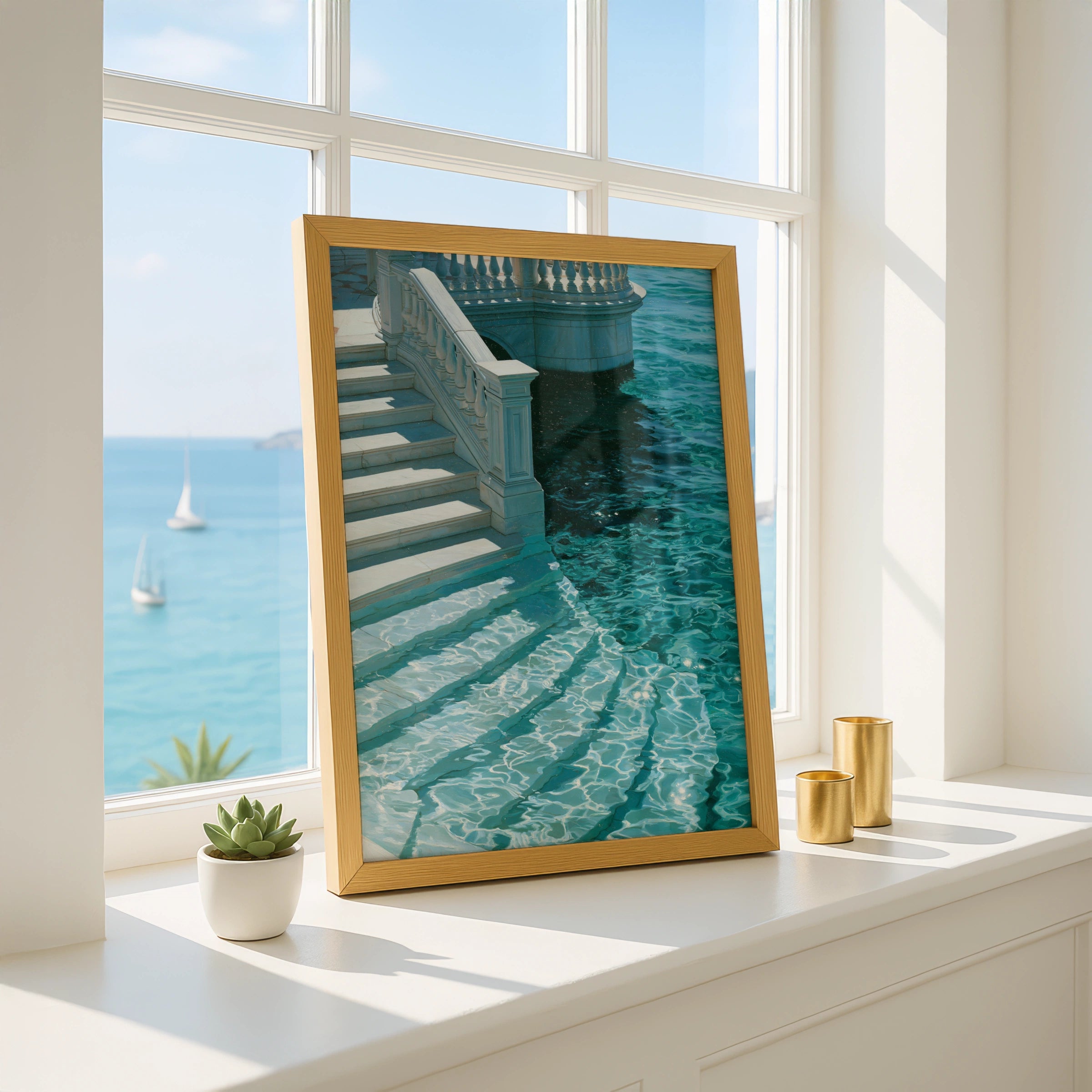 Marble Stairs Water Poster, Teal Venice Canal Wall Art, Classical Architecture Print