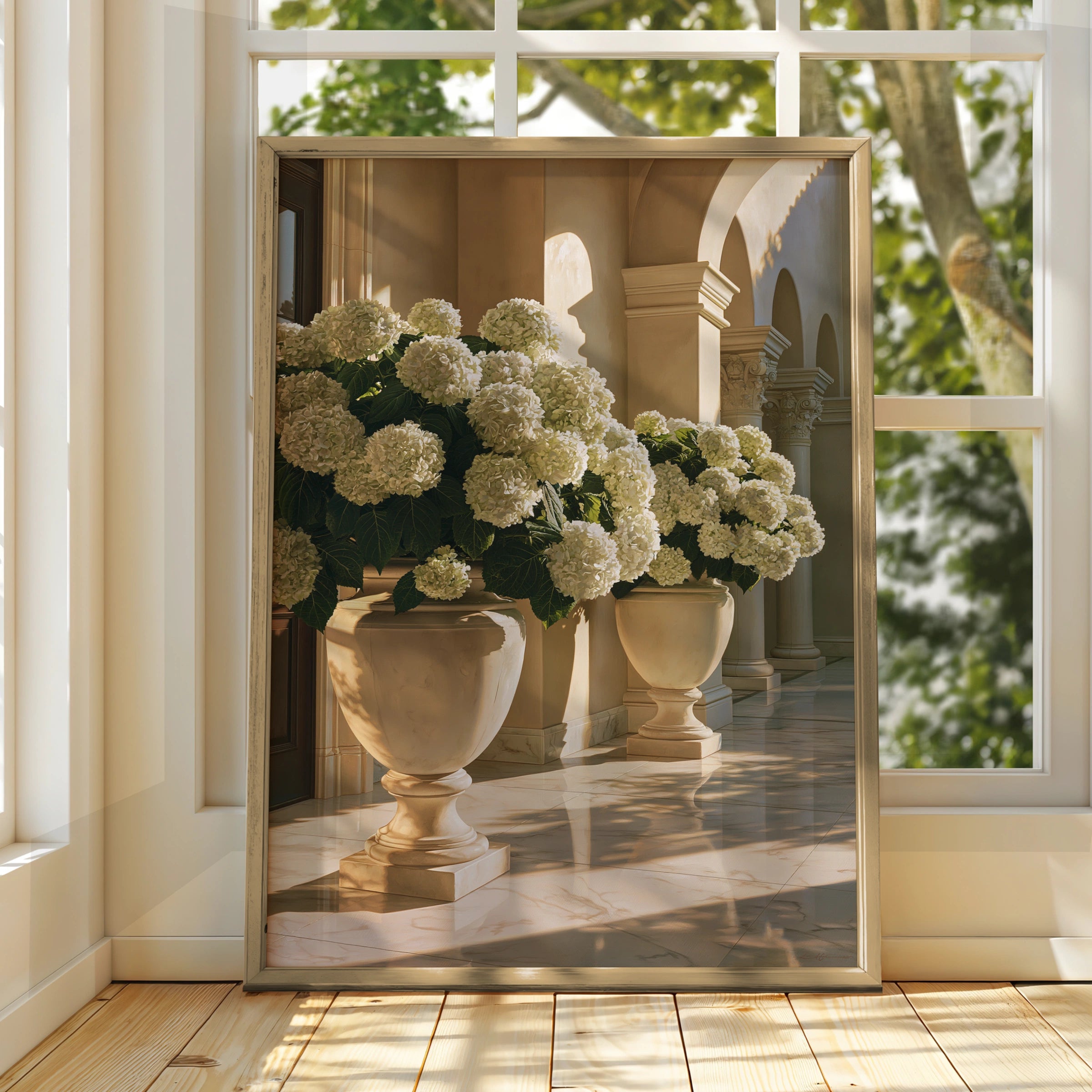 White Hydrangeas in Stone Urns, Classical Colonnade Wall Art Poster