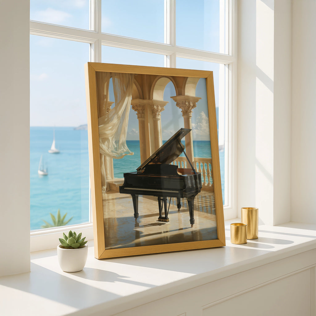 Grand Piano Ocean View Poster, Classical Arches Wall Art, Elegant Music Print