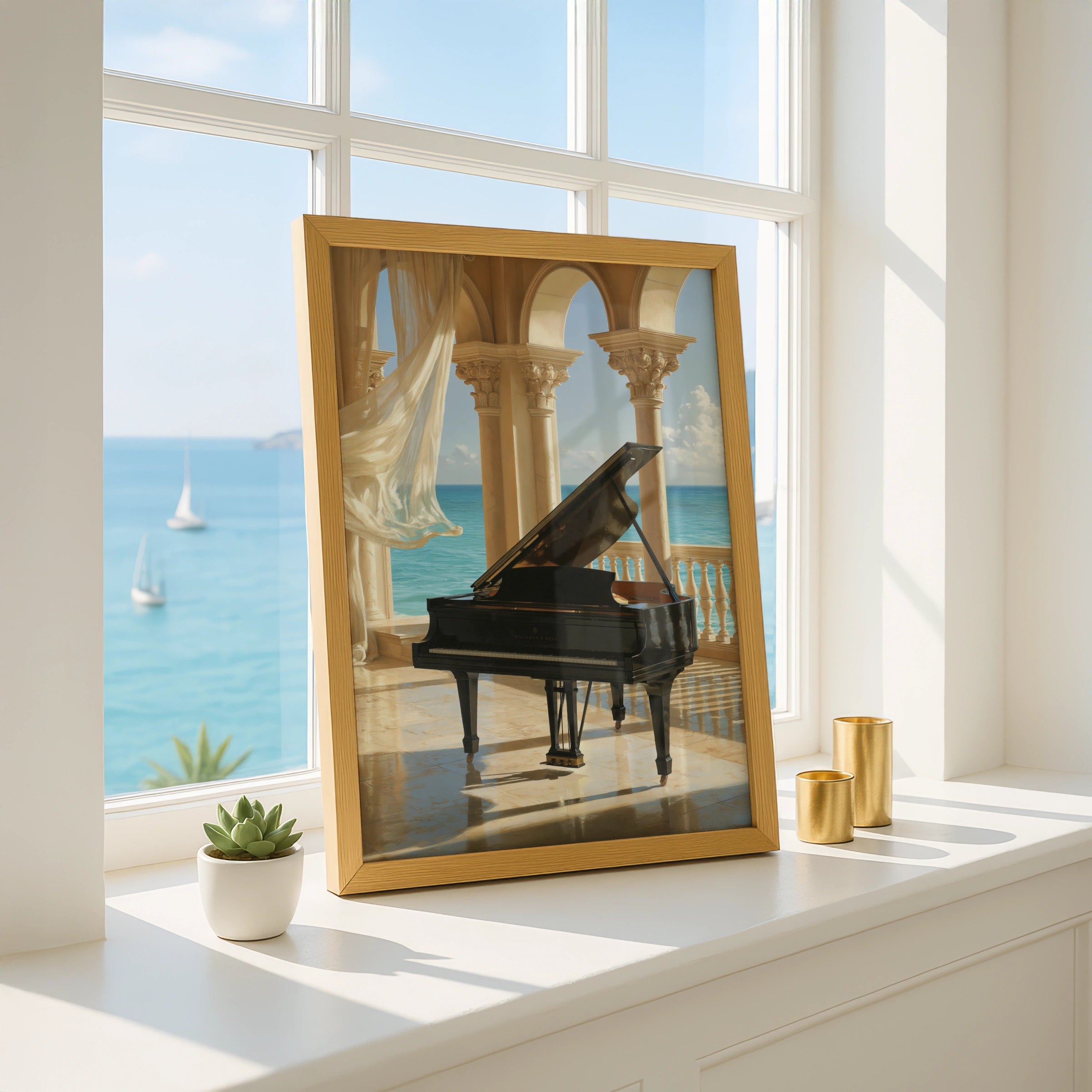 Grand Piano Ocean View Poster, Classical Arches Wall Art, Elegant Music Print