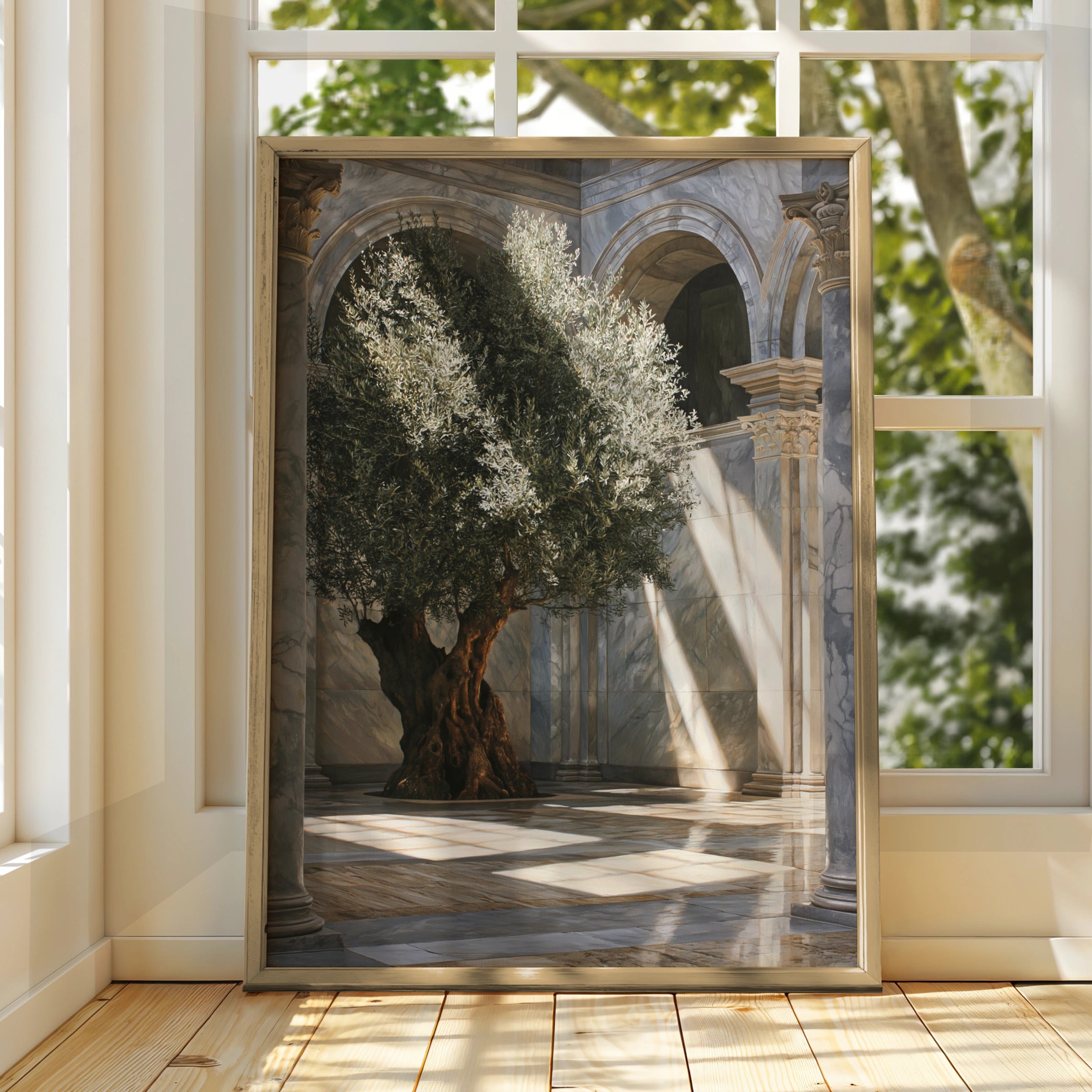Olive Tree Marble Arch Poster, Ancient Sunlight Art Print, Classical Botanical