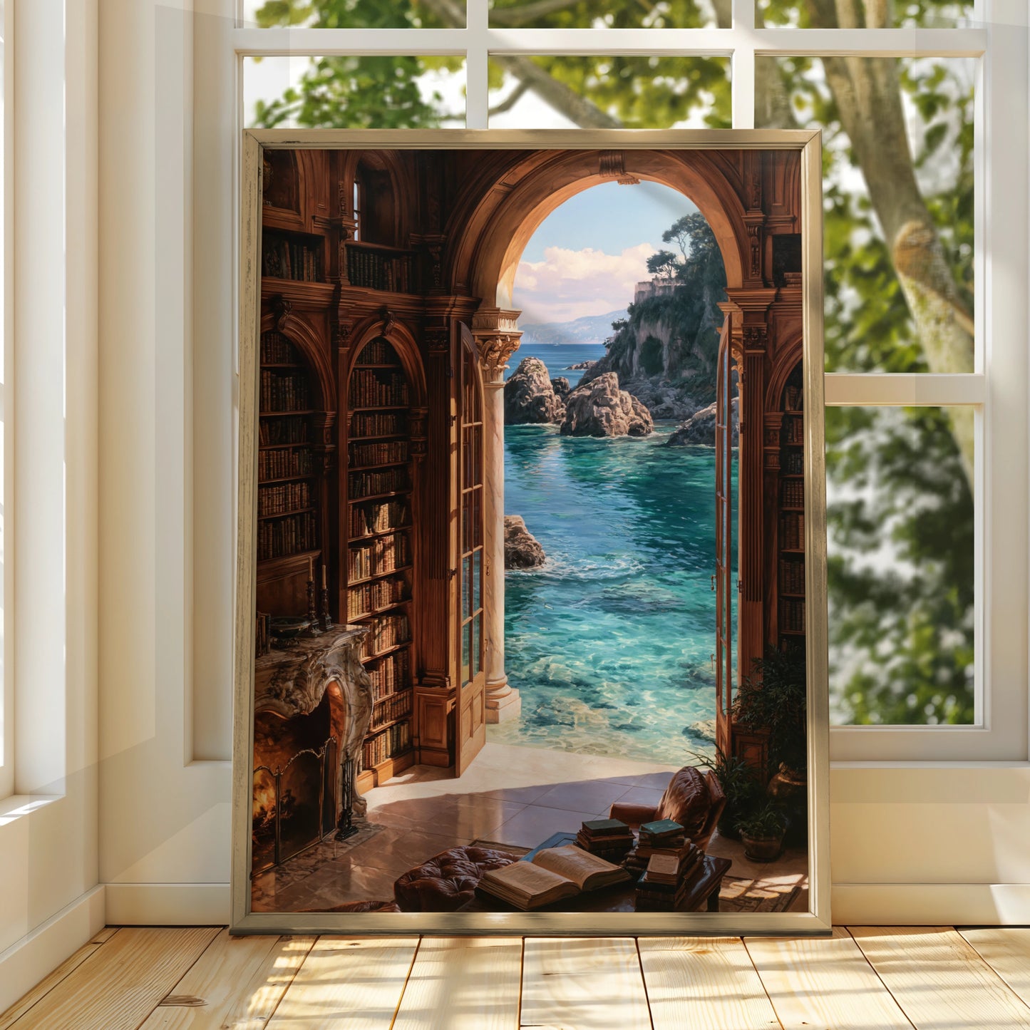 Beach Library Poster, Coastal Bookshelf Arch Wall Art, Dreamy Ocean View Print