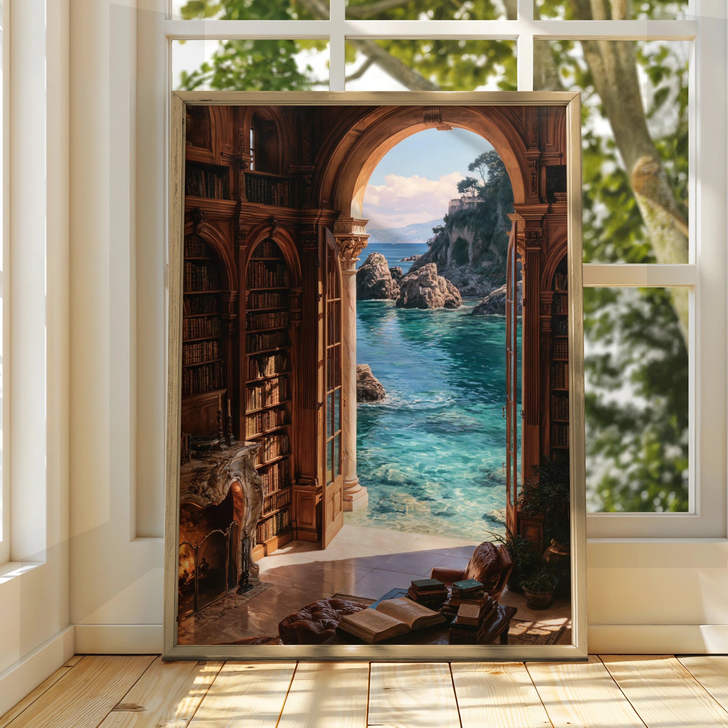 Beach Library Poster, Coastal Bookshelf Arch Wall Art, Dreamy Ocean View Print