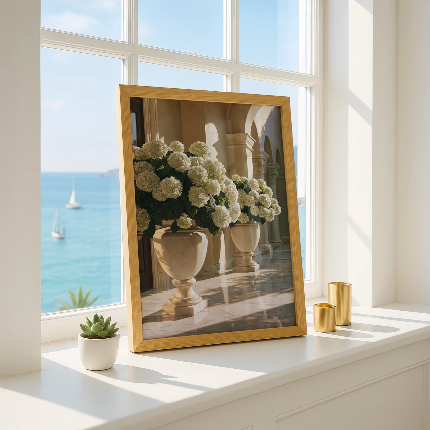 White Hydrangeas in Stone Urns, Classical Colonnade Wall Art Poster