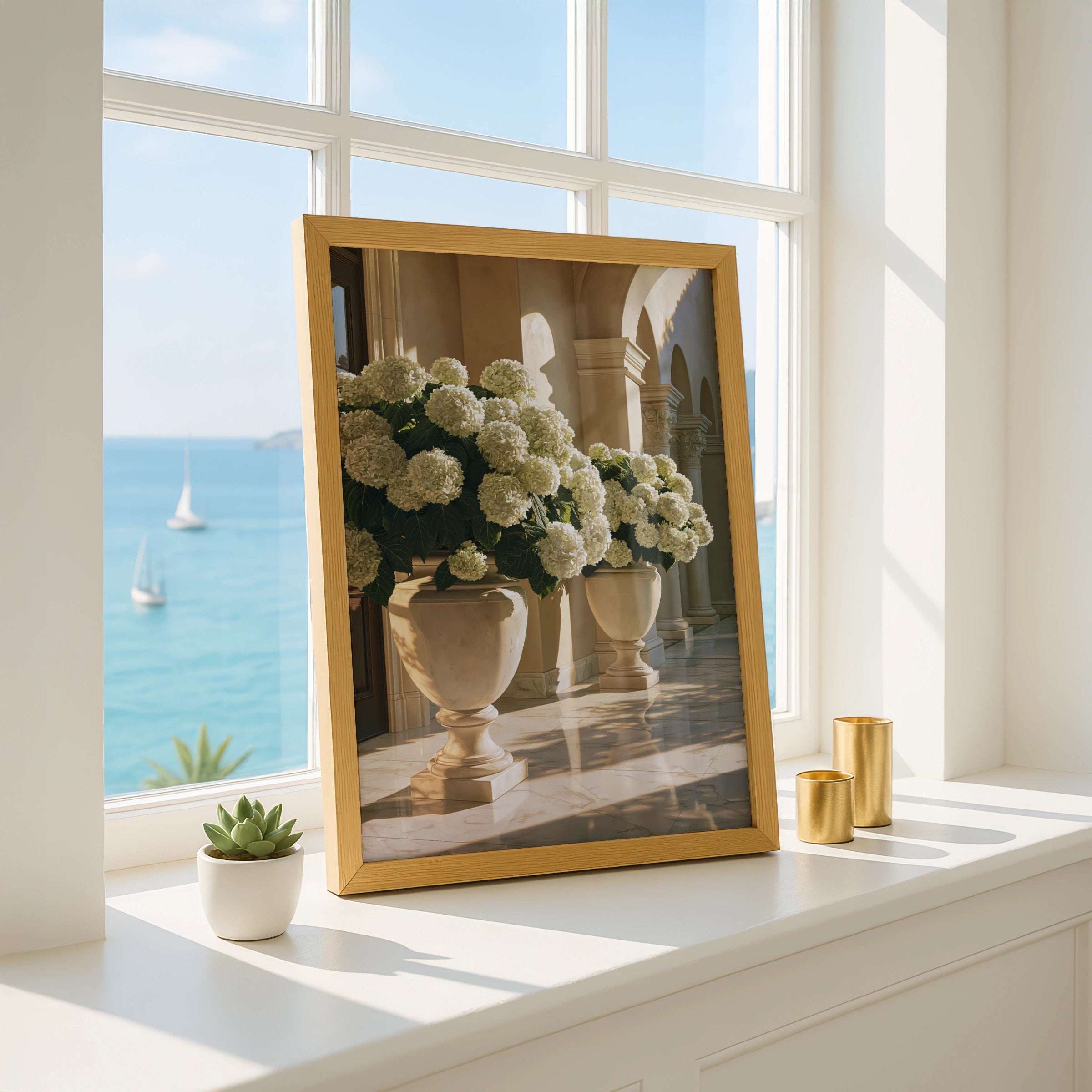 White Hydrangeas in Stone Urns, Classical Colonnade Wall Art Poster