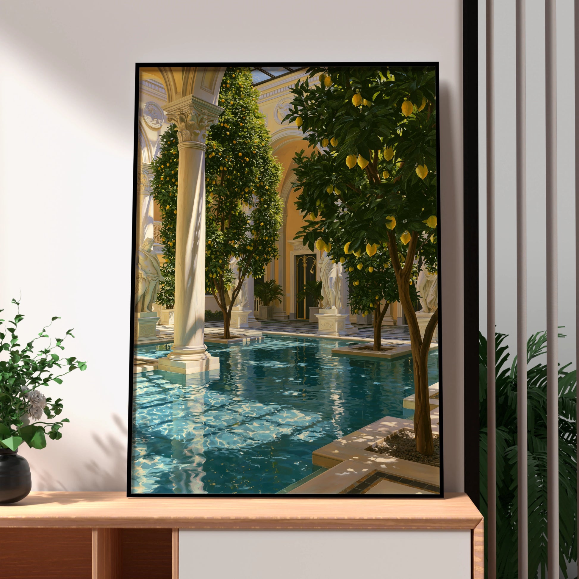 Lemon Tree Pool Courtyard Poster, Classical Architecture, Mediterranean Art Print