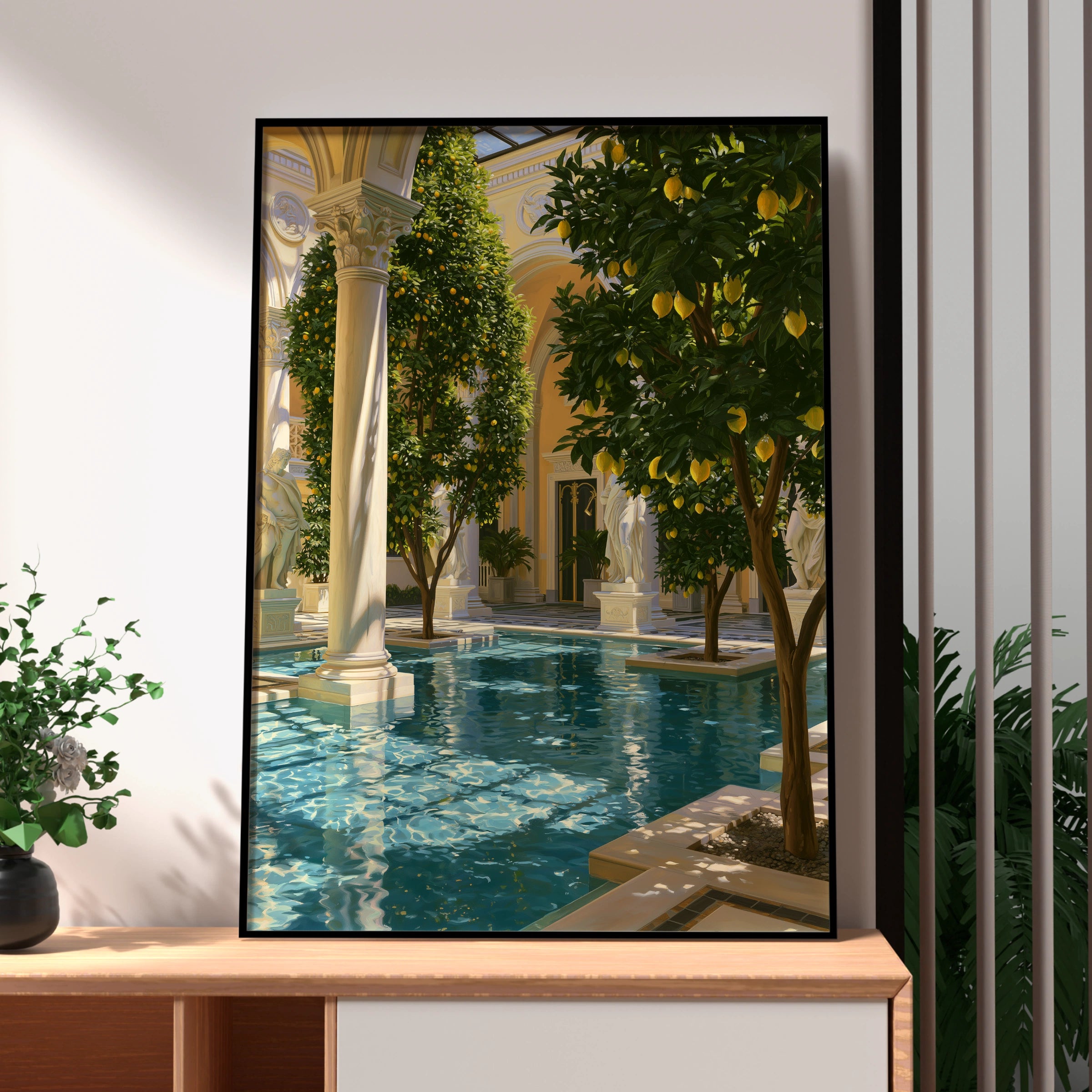 Lemon Tree Pool Courtyard Poster, Classical Architecture, Mediterranean Art Print