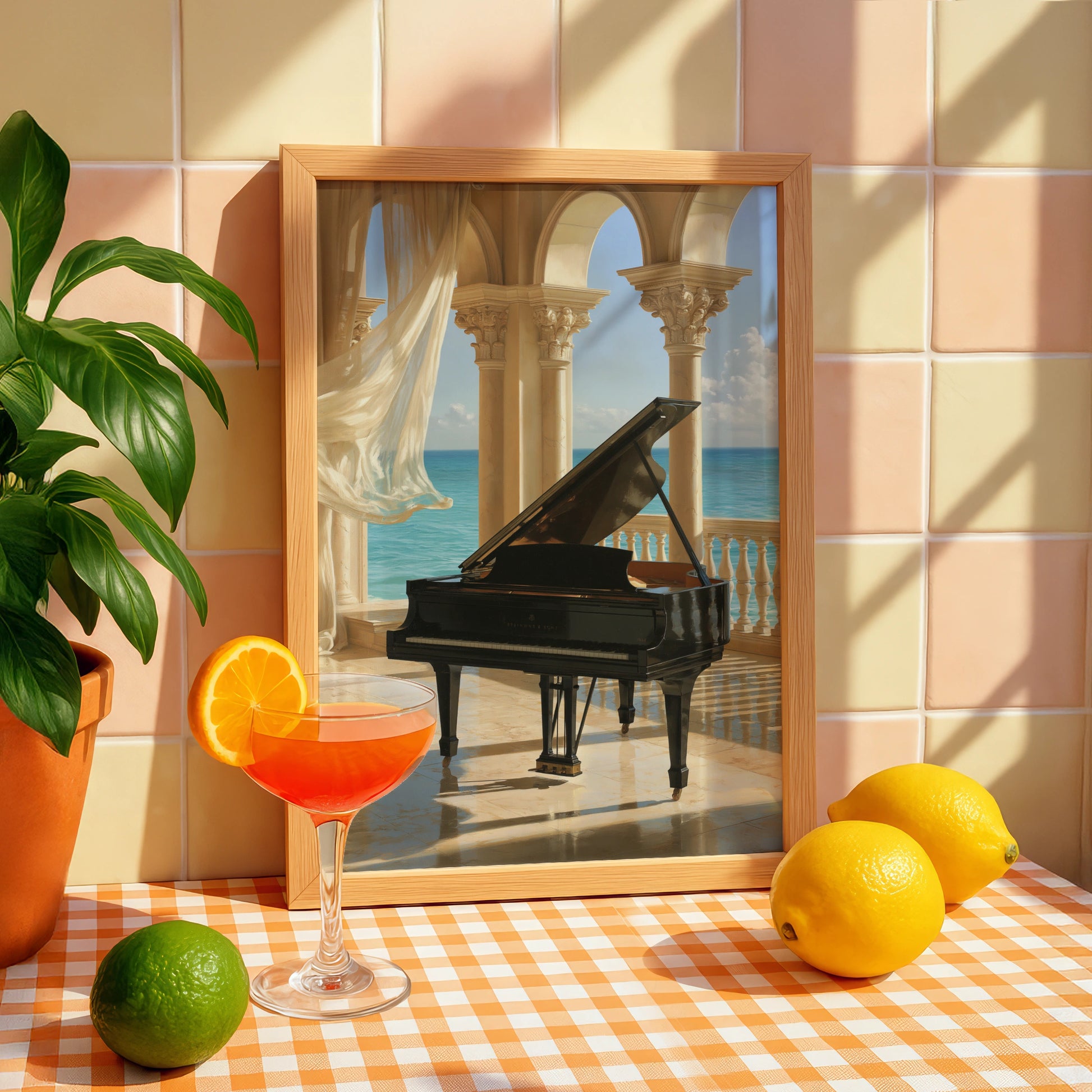 Grand Piano Ocean View Poster, Classical Arches Wall Art, Elegant Music Print