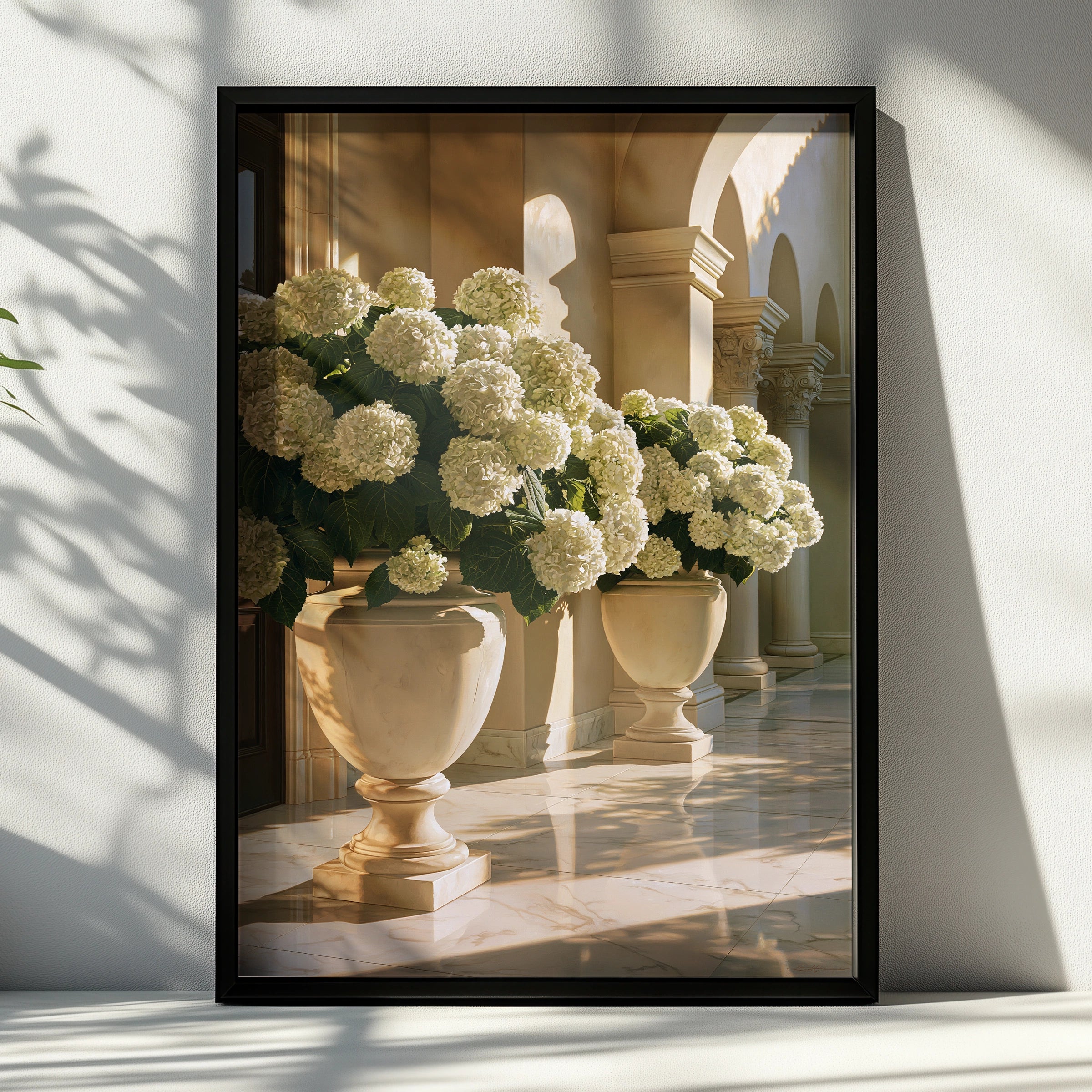 White Hydrangeas in Stone Urns, Classical Colonnade Wall Art Poster