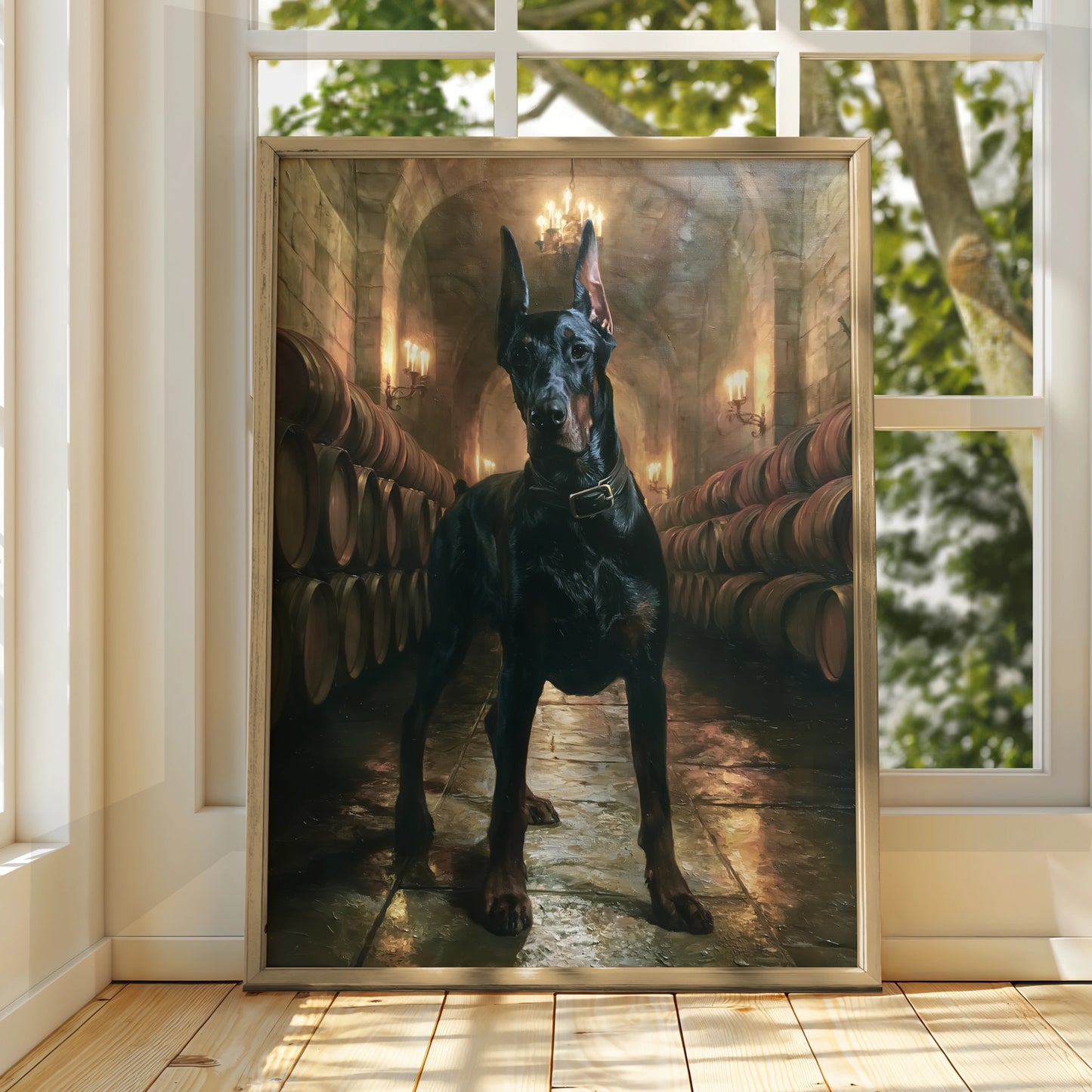 Dobermann Wine Cellar Poster, Classic Oil Painting Style, Dark Dog Art