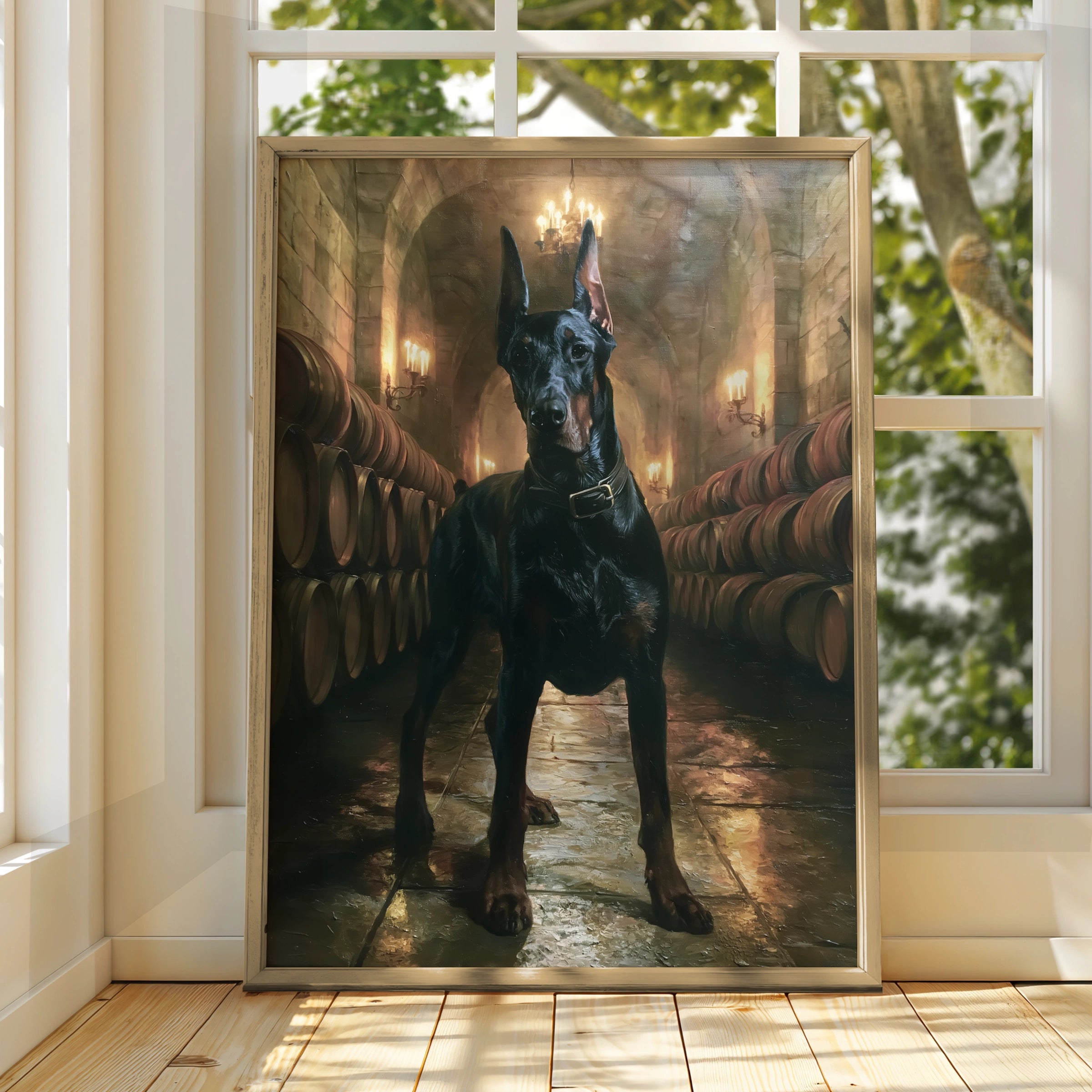 Dobermann Wine Cellar Poster, Classic Oil Painting Style, Dark Dog Art