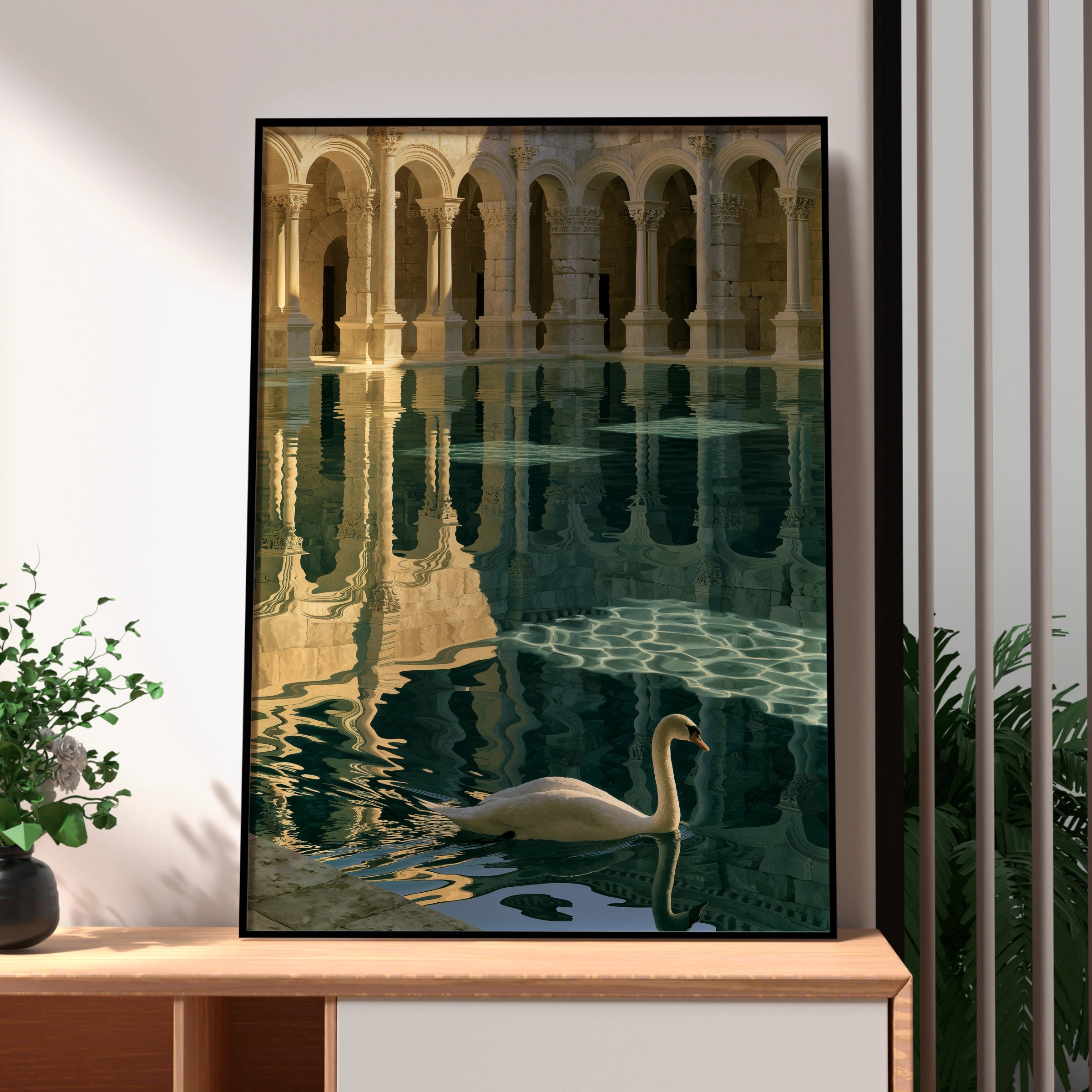 Swan Roman Bath Poster, Classical Architecture Print, Teal Gold Wall Art